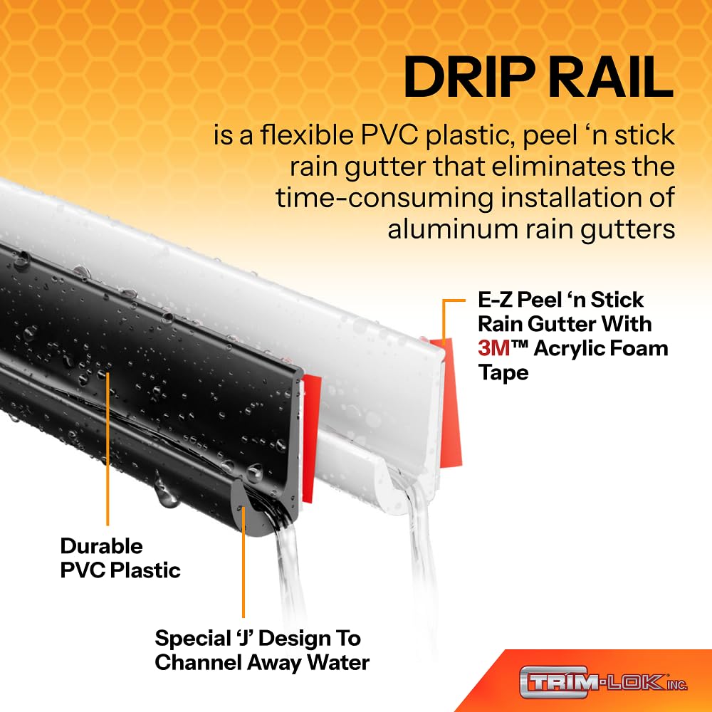 Trim-Lok Drip Rail, White - 1/2    Height, 250 Length - Pvc Plastic Rain Gutter For Cars, Vans, And Rvs, Easy To Install Flexibl