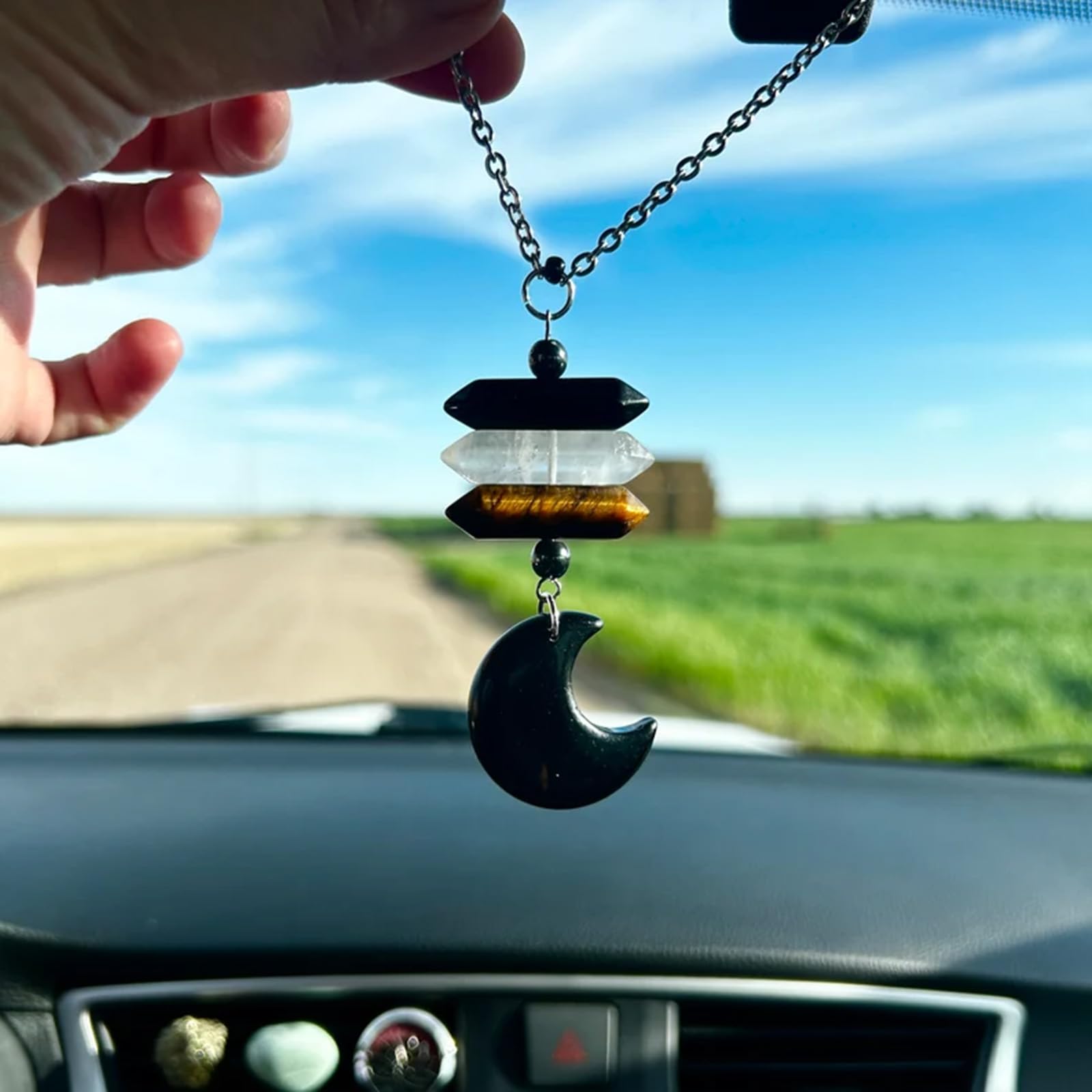 YTYAB Moon Crystal Hanging Car Charm - Boho Black Obsidian & Tiger Eye Sun Catcher for Rear View Mirror, Healing Stones Decor, One Size