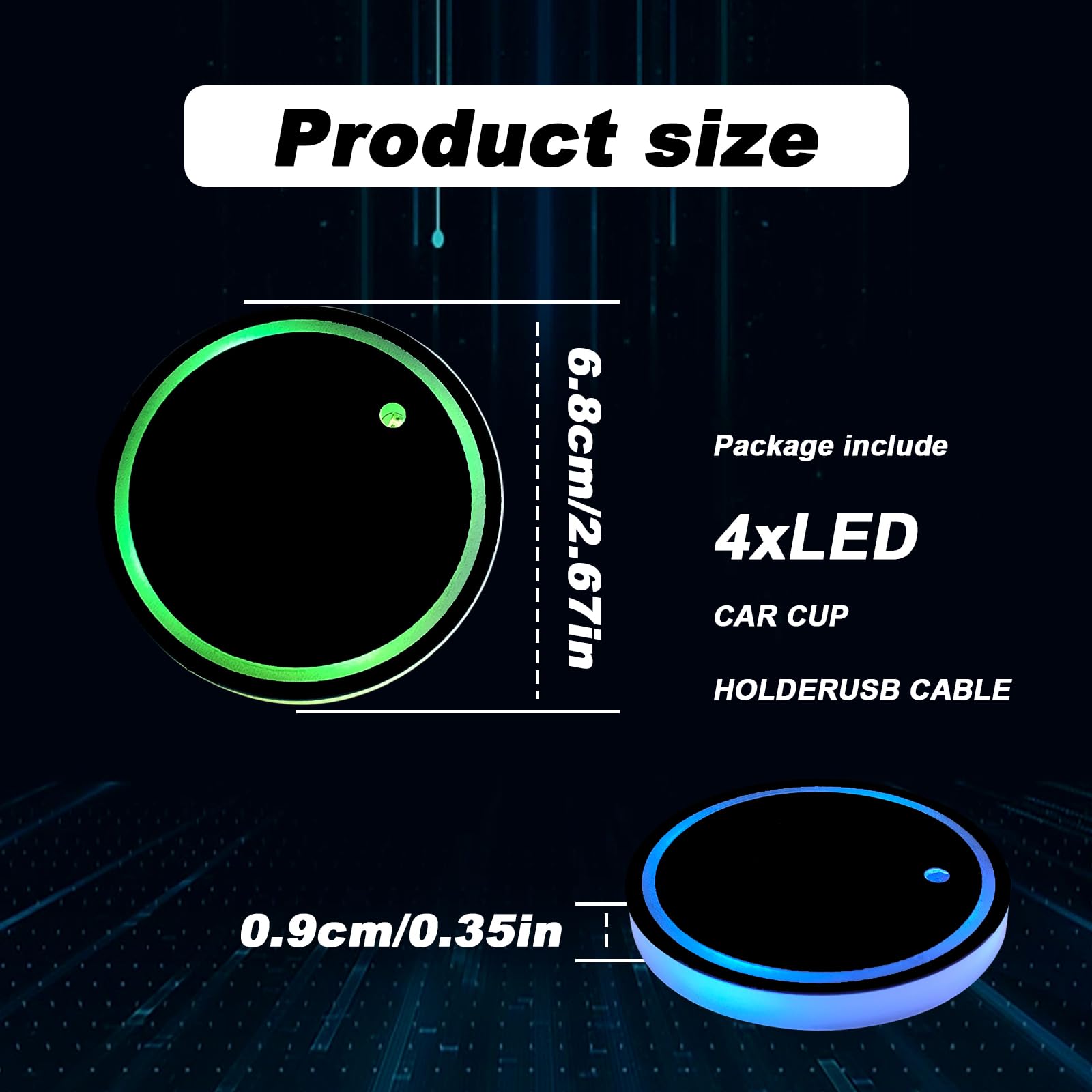 4pcs LED Car Cup Holders, Waterproof Cup Holder with 7 Colors Changing USB Charging Mat, LED Interior Atmosphere Lamp Decoration