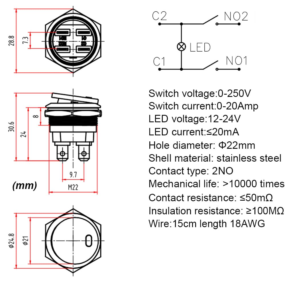 Gebildet Stainless Steel 12-24V/15A Waterproof Round Rocker Switch 22Mm Blue Led Lighted On Off 4 Pin Illuminated Toggle Switch