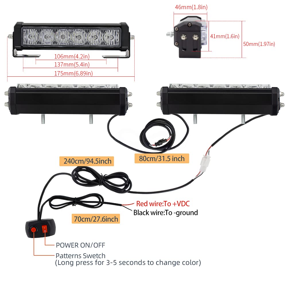 Led Emergency Strobe Lights Bar 2Pcs Red Yellow Double Color Warning Police Grille Lights Bar Surface Mount Fit For Motorcycle P
