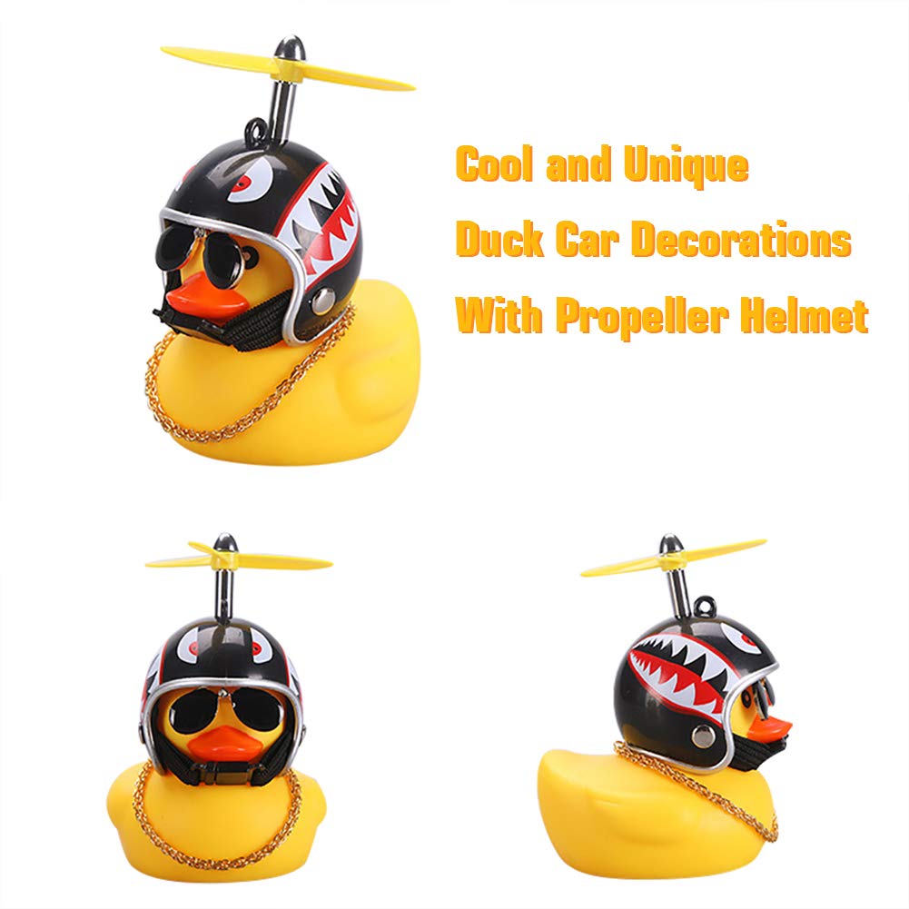 wonuu Rubber Duck Car Ornaments Yellow Duck Car Dashboard Decorations with Propeller Helmet (2Pack-Shark&Duck)