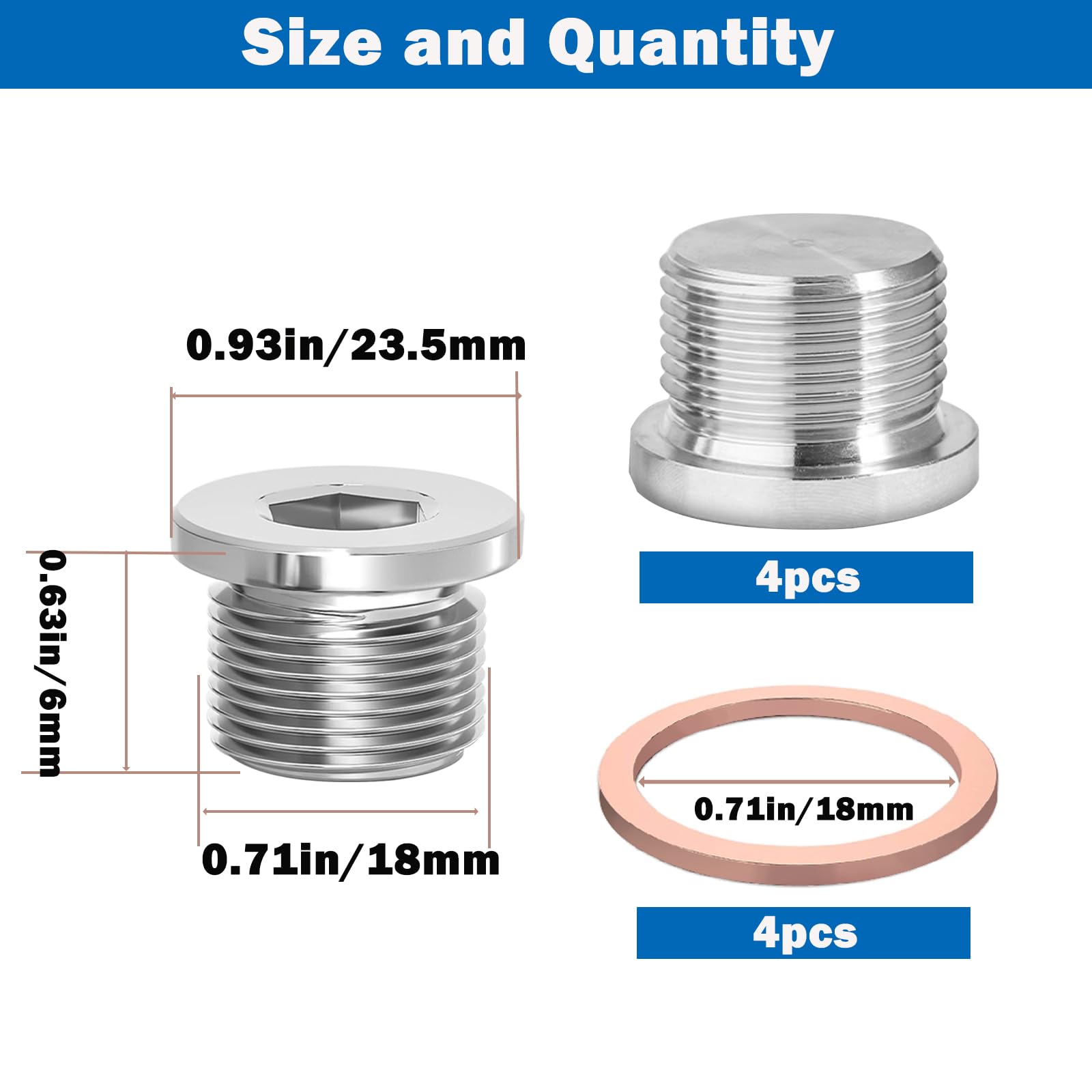 Sunxeke M18 x 1.5 Sensor Plug Standard with Inner Hex Head,304 Stainless Steel Universal Fit with Red Copper O-Ring for Motorbik