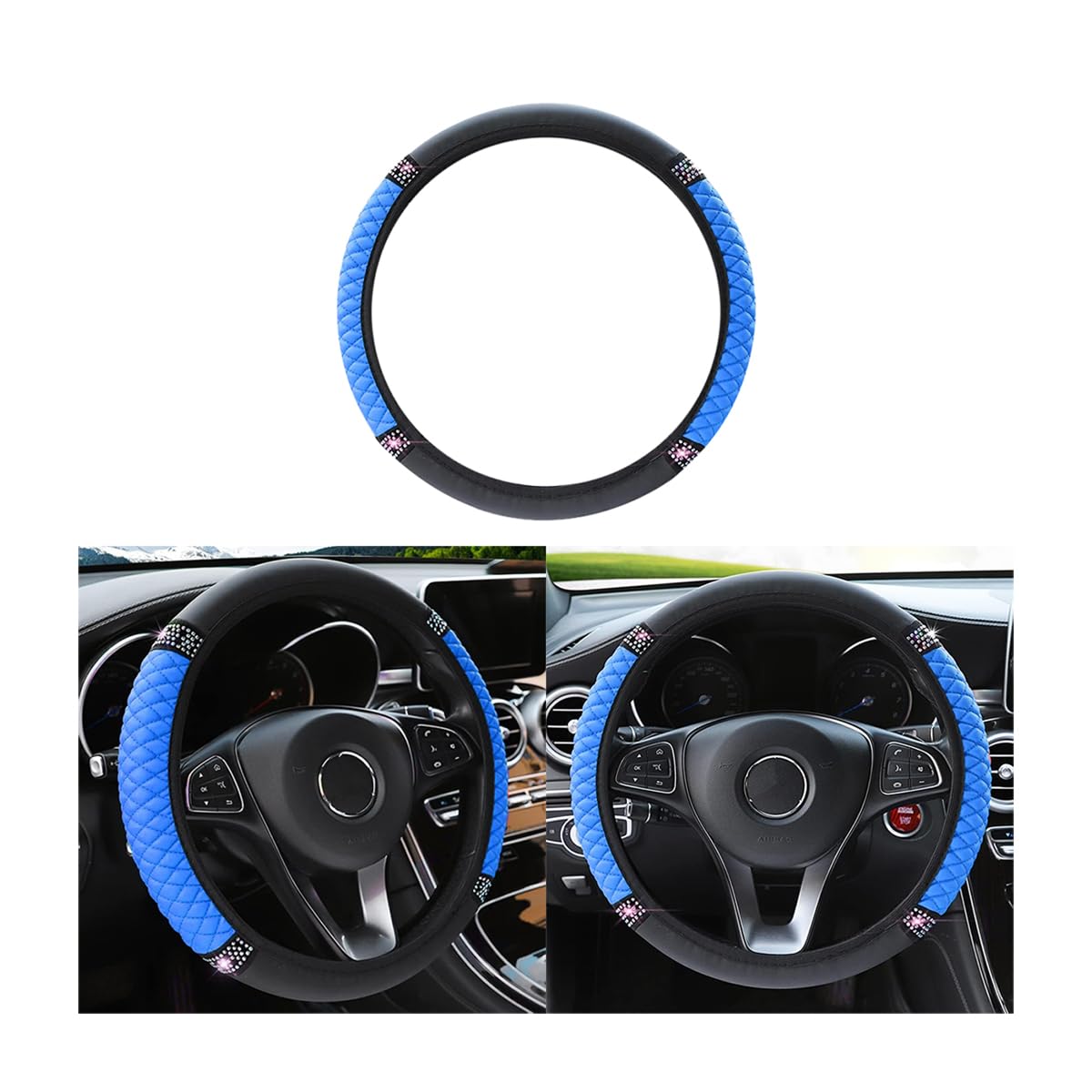 Bling Leather Steering Wheel Cover, Colorful Rhinestones Elastic Steering Wheel Protector, Pu Soft Leather With Crystal Diamond, Sparkling Car Accessories For Most Cars (Blue)