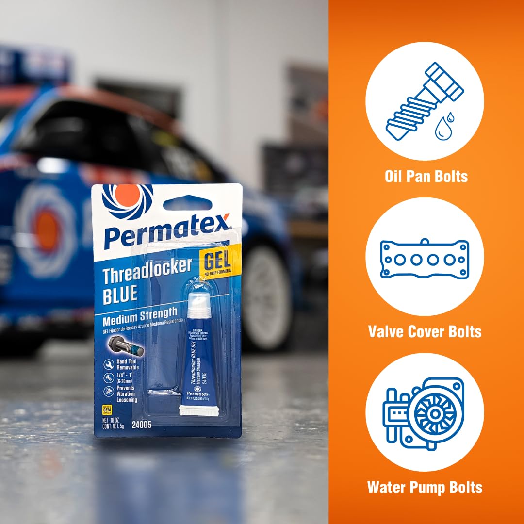 Permatex 24005 Threadlocker Blue Gel Medium Strength,Thread Lock & Screw Glue For Bolts Nuts & Fasteners To Prevent Loosening &