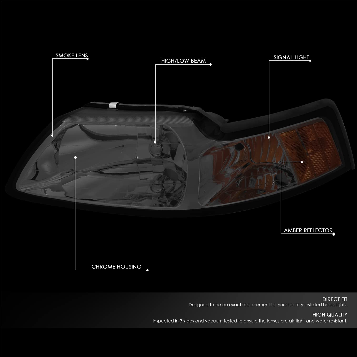 Dnamotoring Hl-Oh-Fm99-Sm-Am Amber Smoke Lens Headlights Assembly Compatible With 99-04 Mustang,Left & Right Side