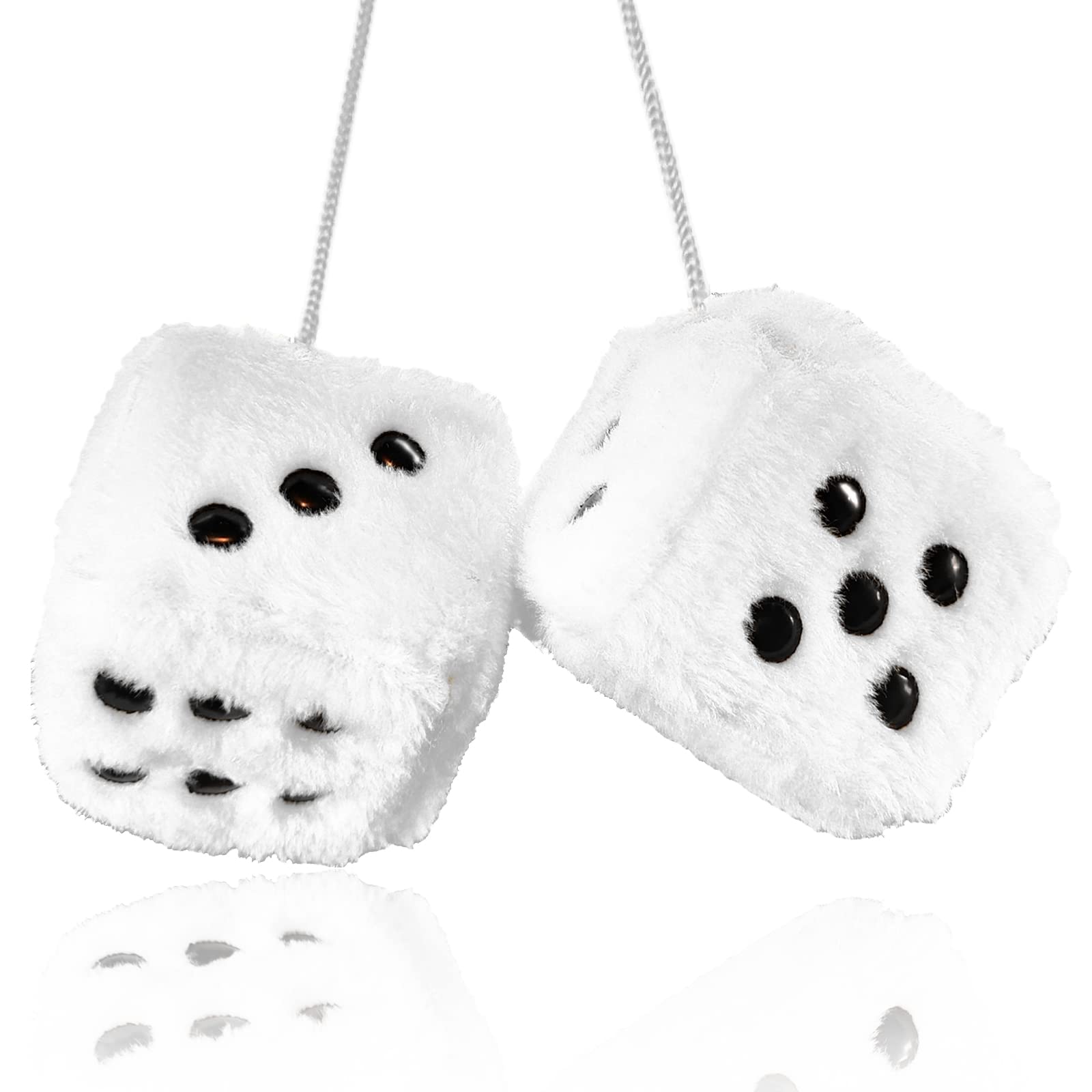Fuzzy Plush Dice For Car Mirror, Pair Of Retro 3    White Dice With Black Dots For Car Interior Hanging Ornament Decoration