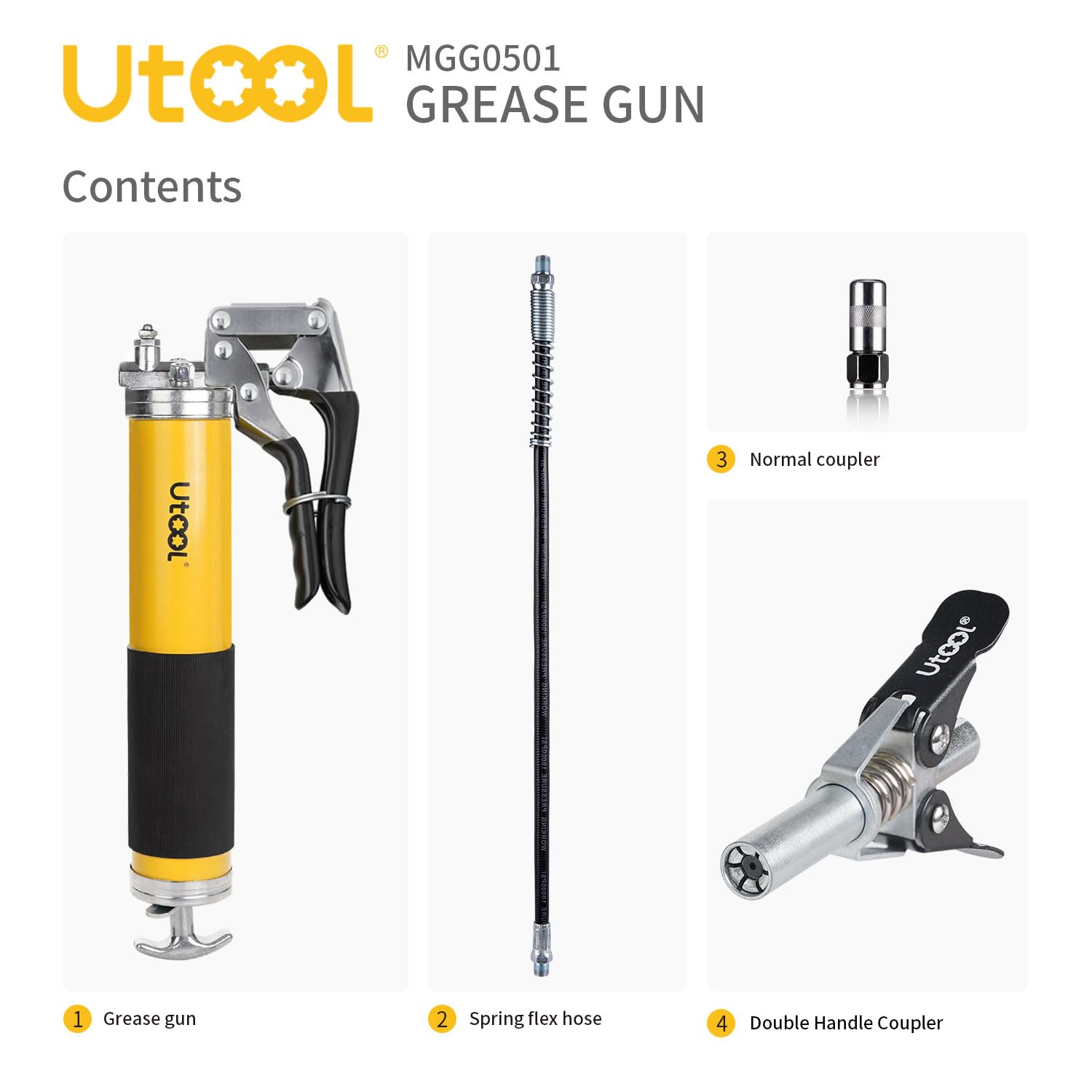 Utool Grease Gun, 8000 Psi Heavy Duty Pistol Grip Grease Gun Kit With 14 Oz Capacity, 18 Inch Resin Flex Hose, 1 Patented Double Handle Coupler, 1 Basic Coupler