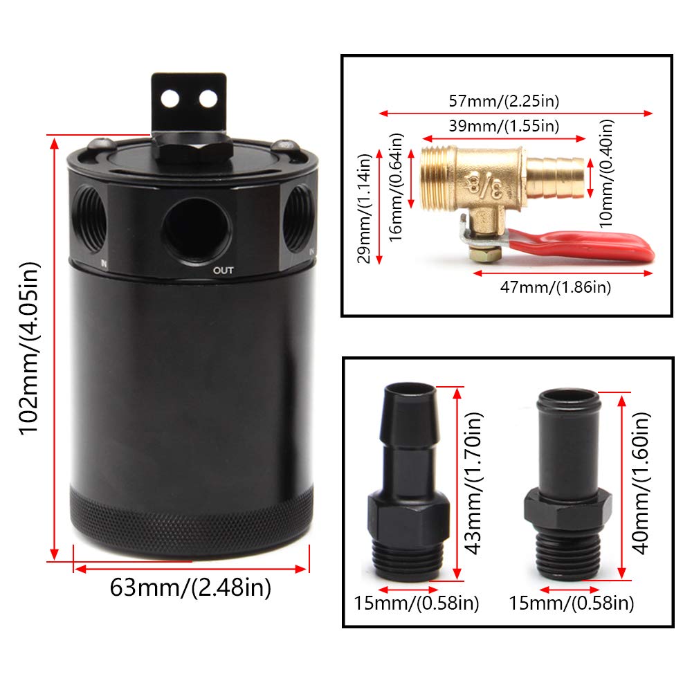 Wenjtp Universal 150Ml Car Oil Catch Can Kit Reservoir Tank, Compact Baffled 3-Port Oil Separator 2 Inlets 1 Outlet Black With Breather Filter + Drain Valve