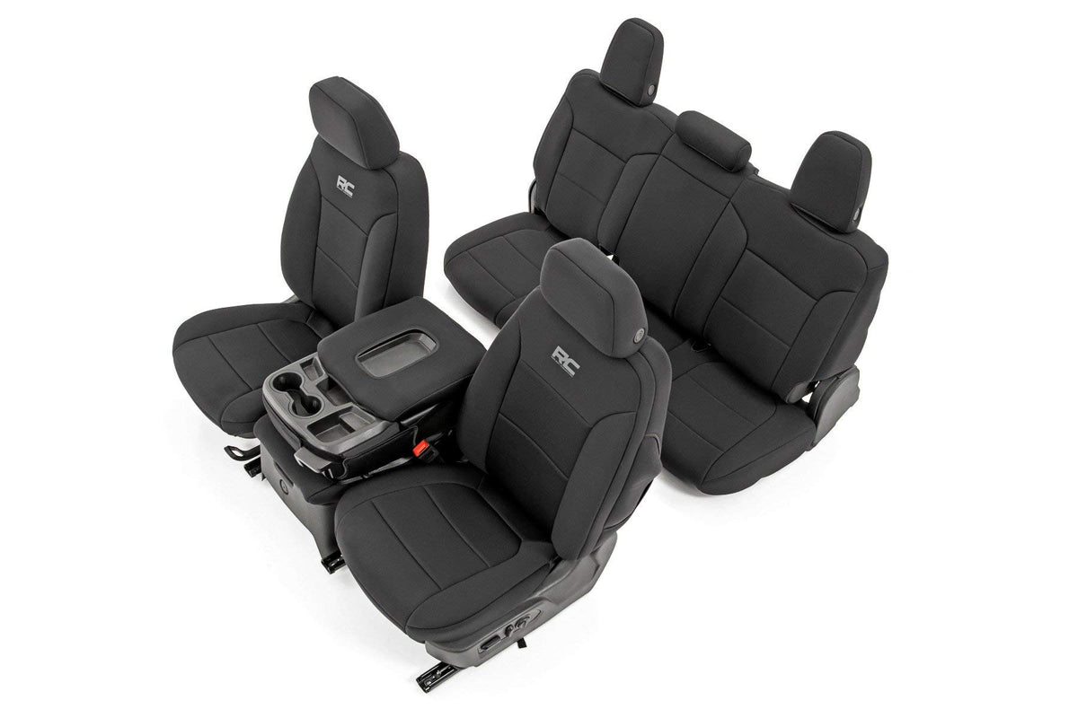 Rough Country Neoprene Seat Covers for Chevy Silverado/GMC Sierra 1500 (2019-2025) Crew Cab w/Rear Cup Holder - Waterproof, UV R