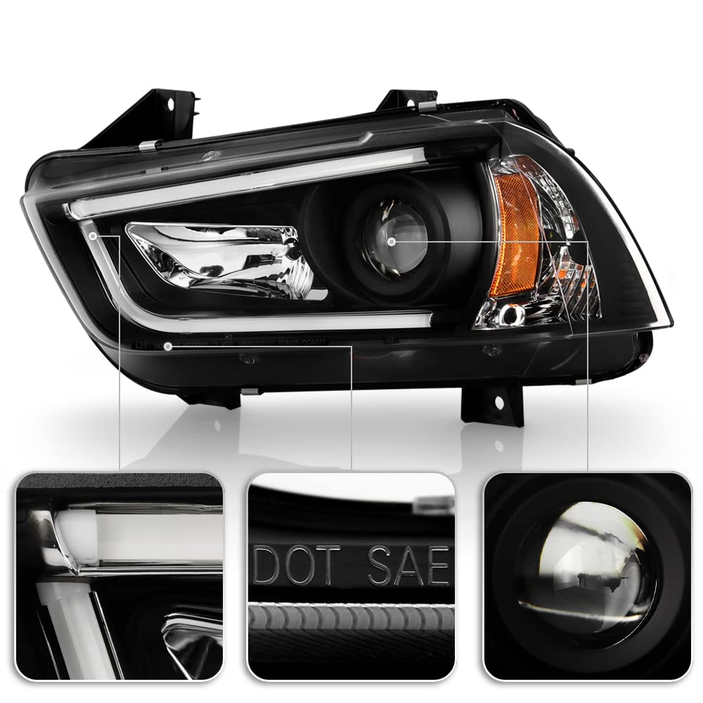 Acanii - For [Halogen Model] 2011-2014 Dodge Charger Led Drl Tube Black Housing Projector Headlights Headlamps Assembly