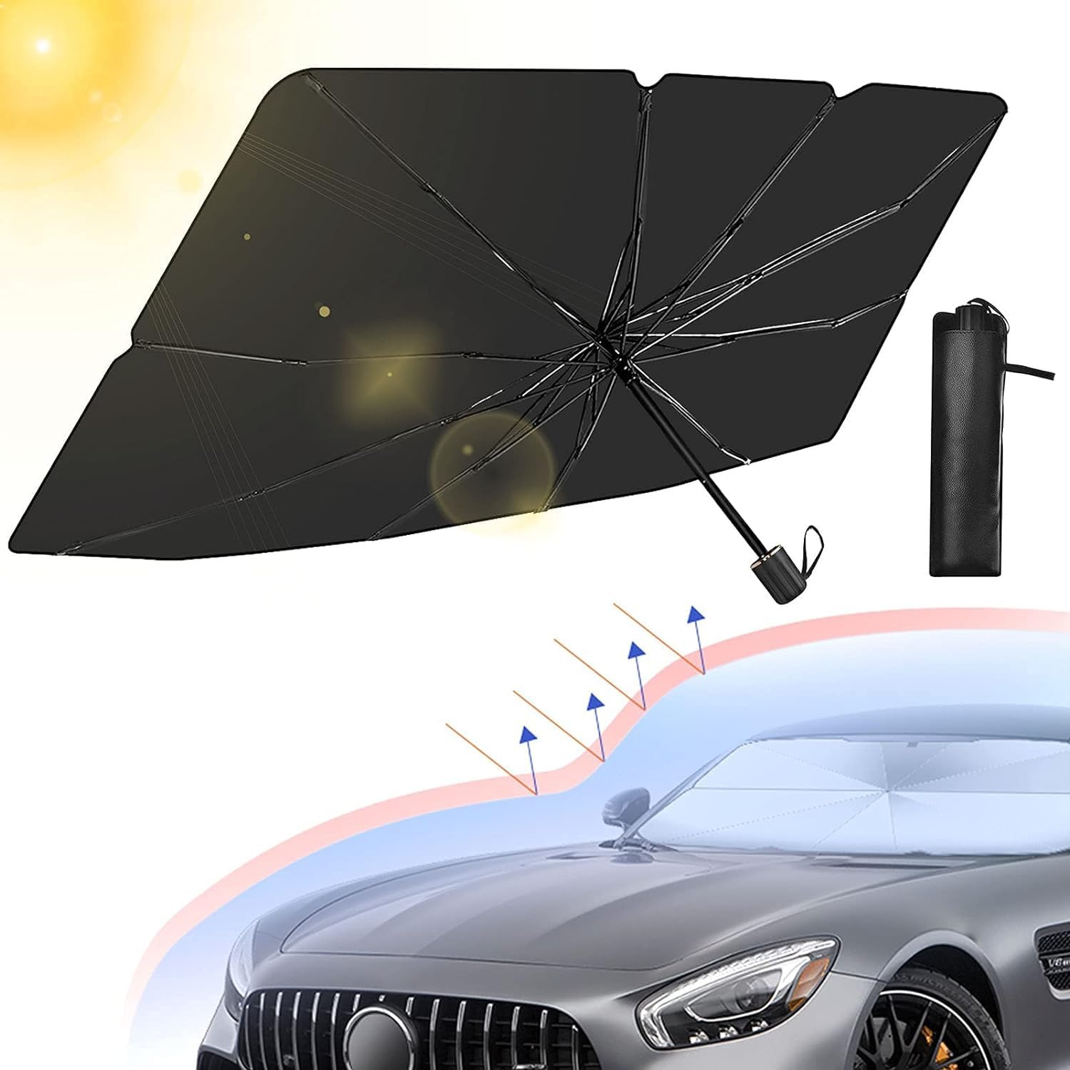 Car Windshield Sun Shade Umbrella with Carbon Fiber Frame, 10Ribs Foldable Design, MultiLayer Polyester Front Window Visor for