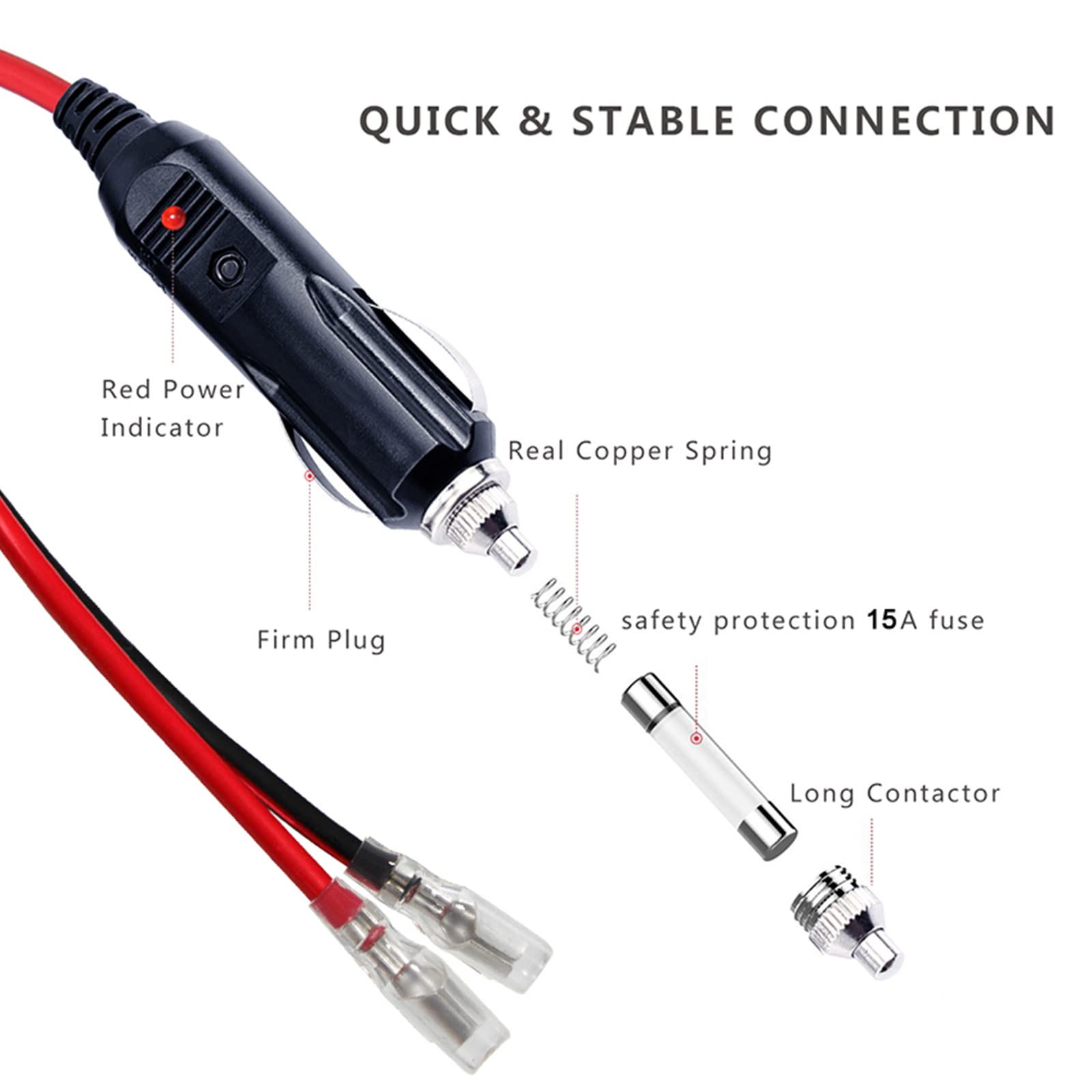 2Ft 12Volt Replacement Cigarette Lighter Male Plug With Leads - Car Cigarette Lighter Male Plug To Bullet Female Terminal With Lead Cigar Plugs Power Supply Heavy Duty Cord Led Light 15Amp (2Ft-1Pack)