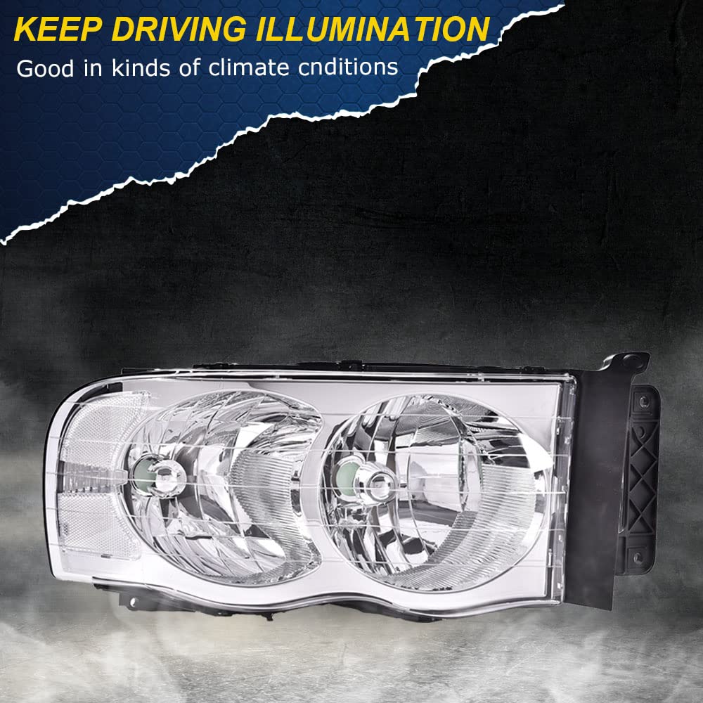 CHEDA Headlights Assembly for 2002-2009 Dodge Ram 1500/2500/3500 - Clear Lens, Chrome Housing, Clear Reflector, High-Performance Lamps