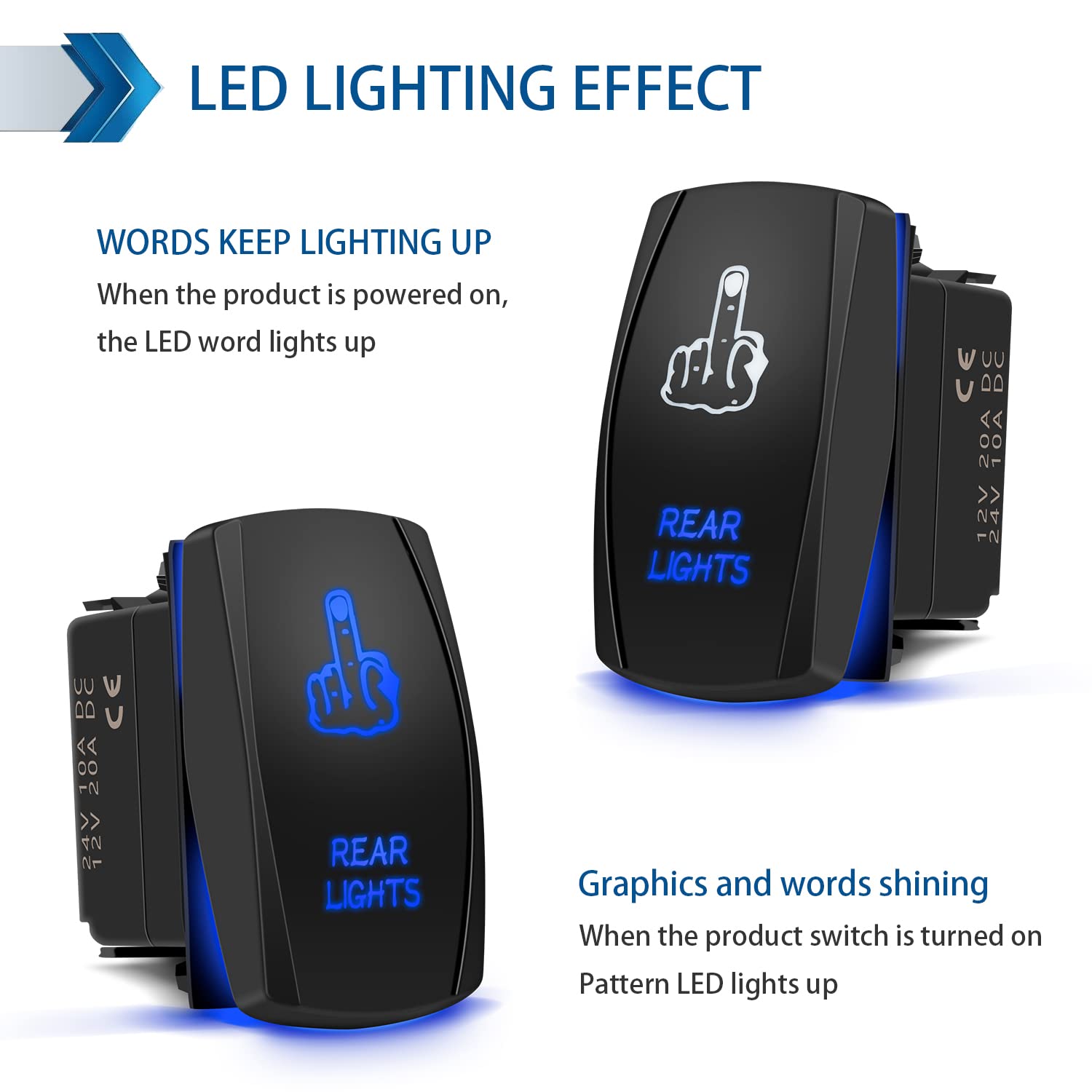 Fabood F Waterproof 5 Pin Rear Lights Rocker Switch Laser Finger Spst On/Off Two Led Backlit Blue Light 20A 12V For Auto Automot