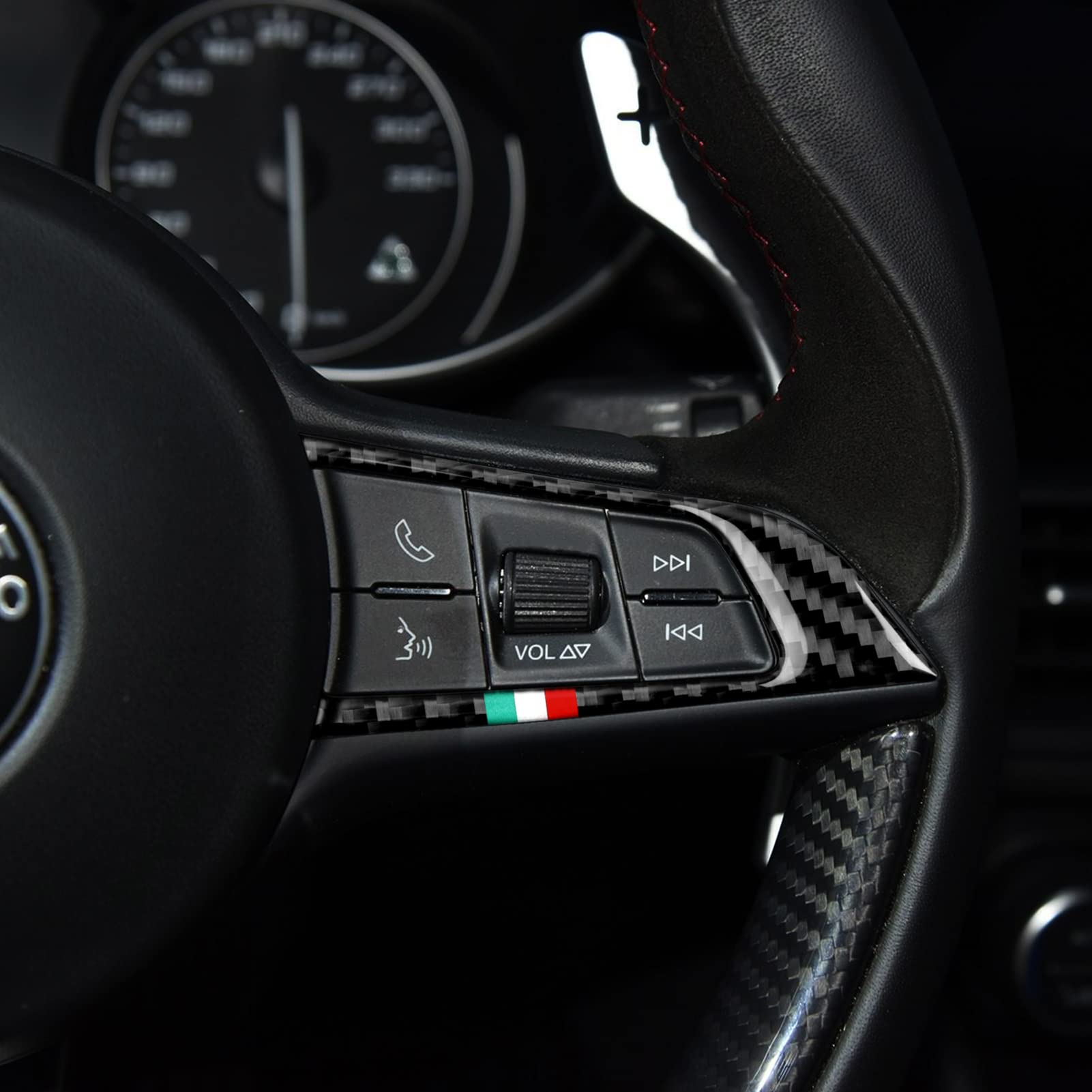 2Pcs Car Steering Trim Sticker Cover Carbon Fiber Decal Fits For Alfa Romeo Giulia Stelvio 2016 2017 2018 2019 Interior Accessories (Black)