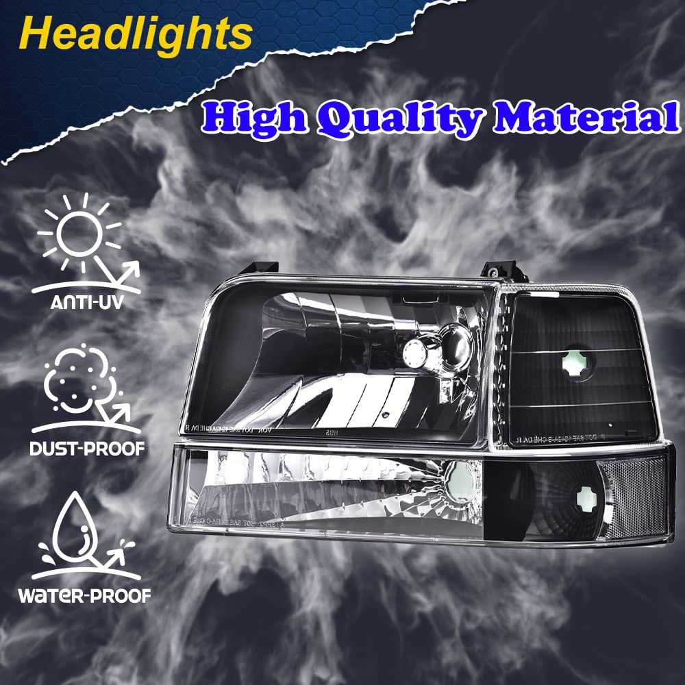 Cheda Headlights Assembly Compatible With 1992-1996 Ford Bronco F150/ 1992-1997 F250 F350 Super Duty W/Corner Signal Bumper Lamp