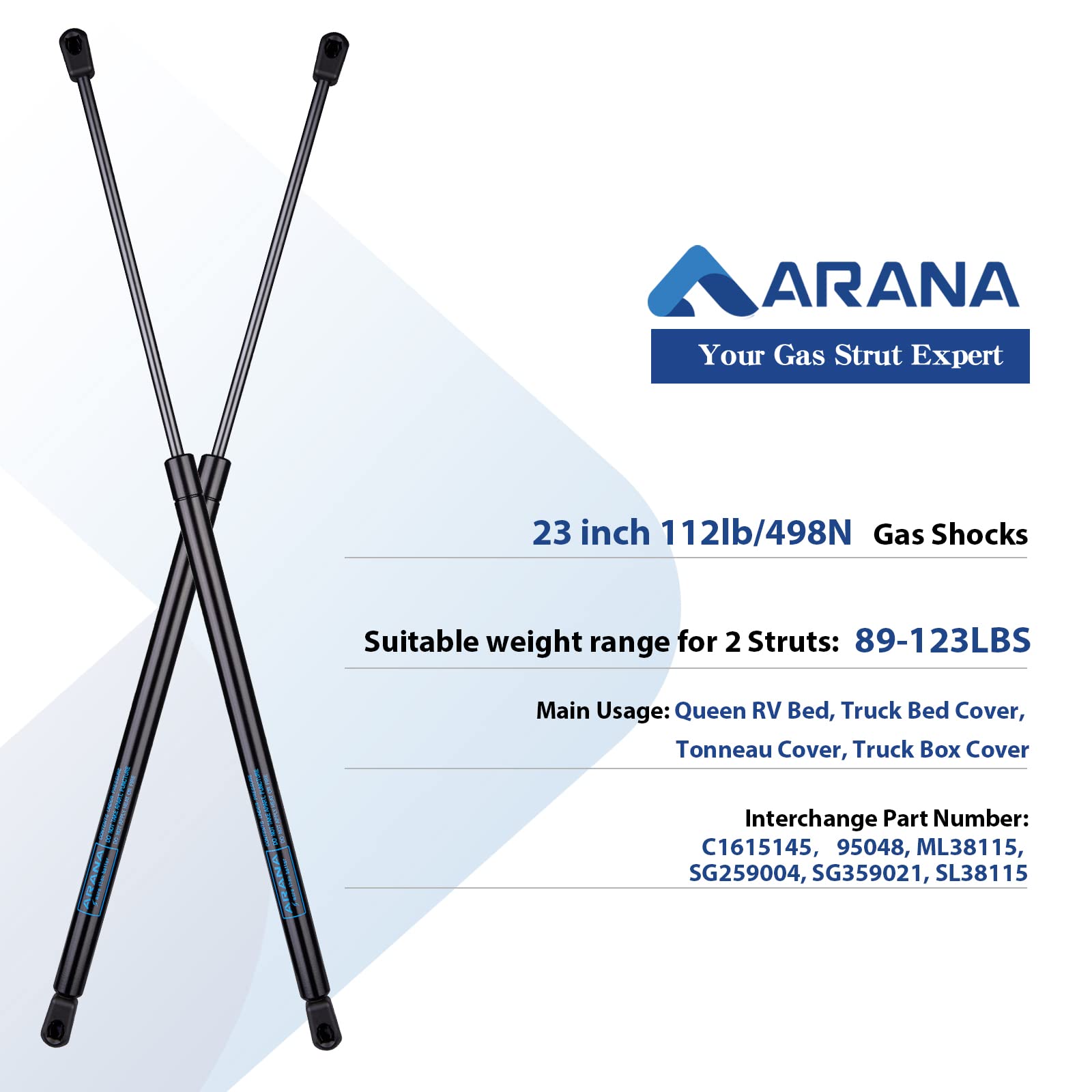 Arana C1615145 23 Inch 110Lb Gas Struts Prop Springs Shocks, Ml38115 23'' 110Lb Replacement Lift Supports For Rv Bed Truck Tonne