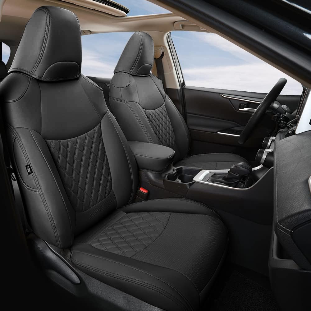 Giant Panda Pu Leather Car Seat Covers Full Set Custom Fit For Toyota Rav4 Le/Hybrid Limited/Xle/Xle Premium 2019-2025-(Black)