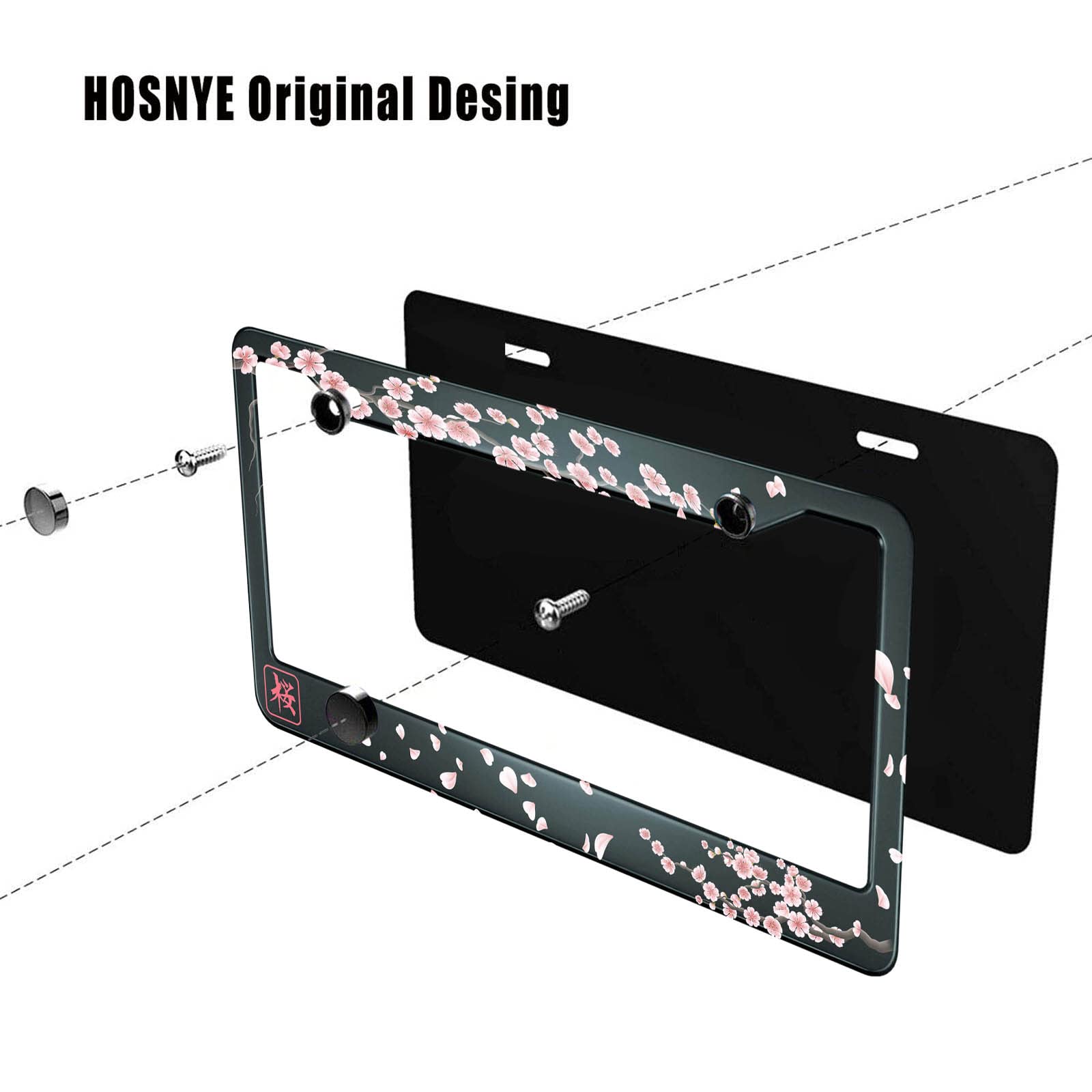 Hosnye Japan Cherry Branch License Plate Frame Blooming Flowers Hieroglyph Metal License Plate Cover Front Plates Frames Car Tag