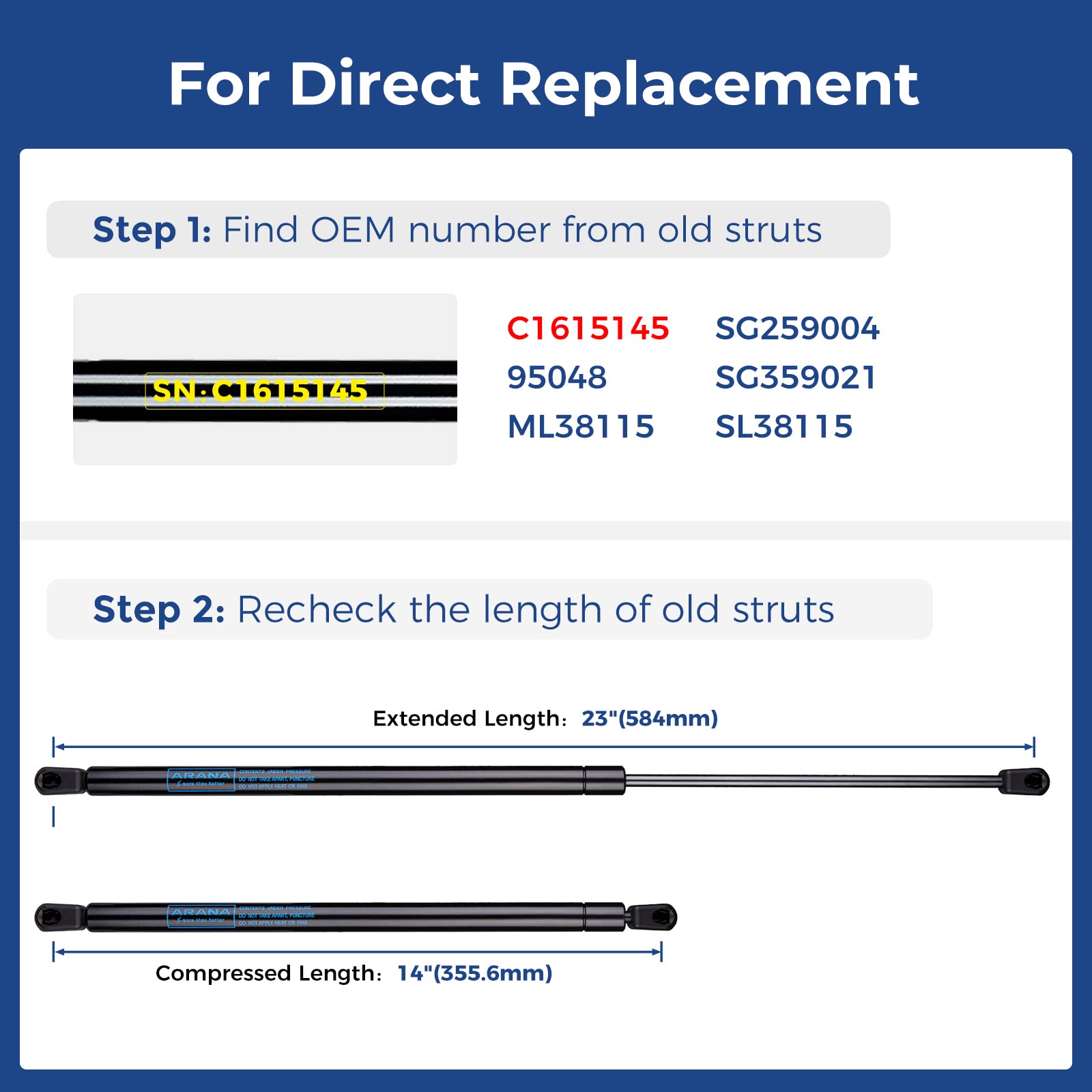 Arana C1615145 23 Inch 110Lb Gas Struts Prop Springs Shocks, Ml38115 23'' 110Lb Replacement Lift Supports For Rv Bed Truck Tonne