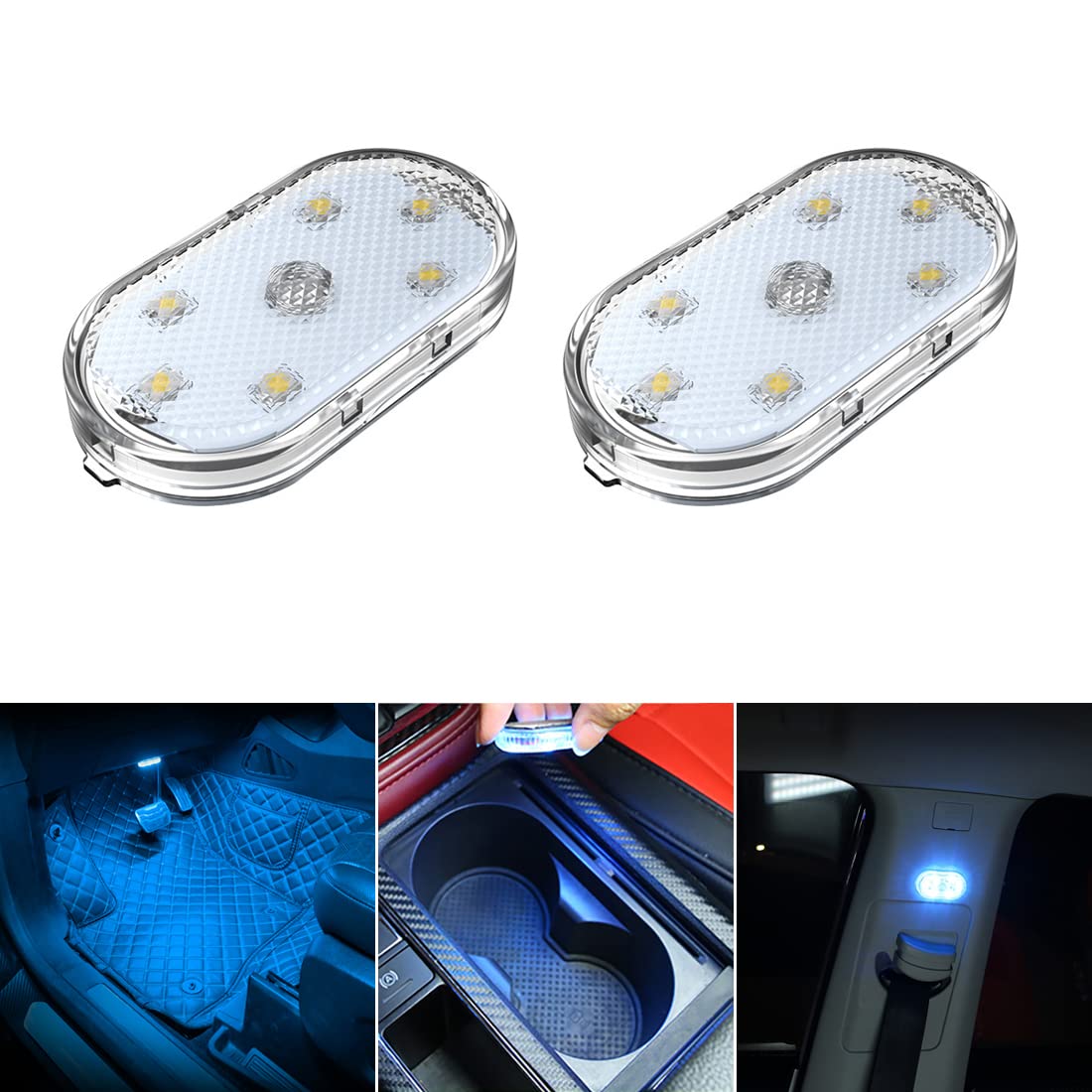 2 Pcs Car Led Lights Interior,Ice Blue Ambient Lighting Car Interior,Usb Rechargeable Car Interior Reading Light,Portable Led Li