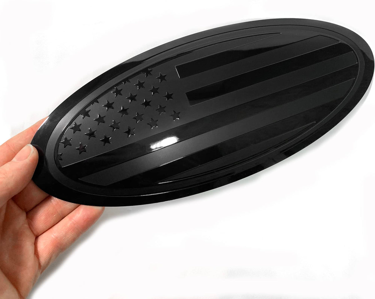 9.5'' Front Grille Tailgate Rear Aluminum Overlay American Black Flag Oval Emblem For F150 (9.5'', Black)