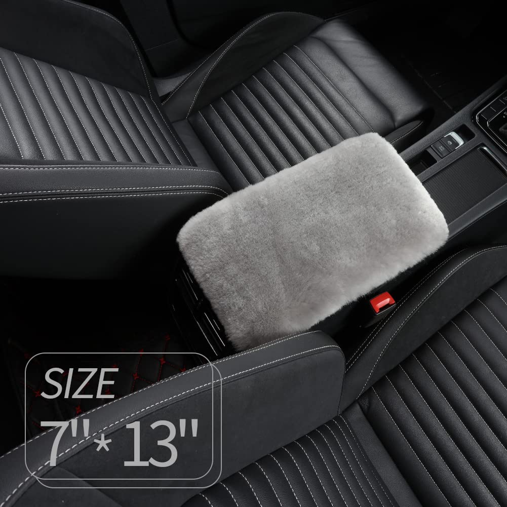 Iriwool Sheepskin Armrest Cover Auto Center Armrest Cover Car Soft Console Pad, Fluffy Wool Auto Center Console Cover For Most Car Arm Rest Decoration Protector 7 X 13 Inch (Shearling, Light Gray)