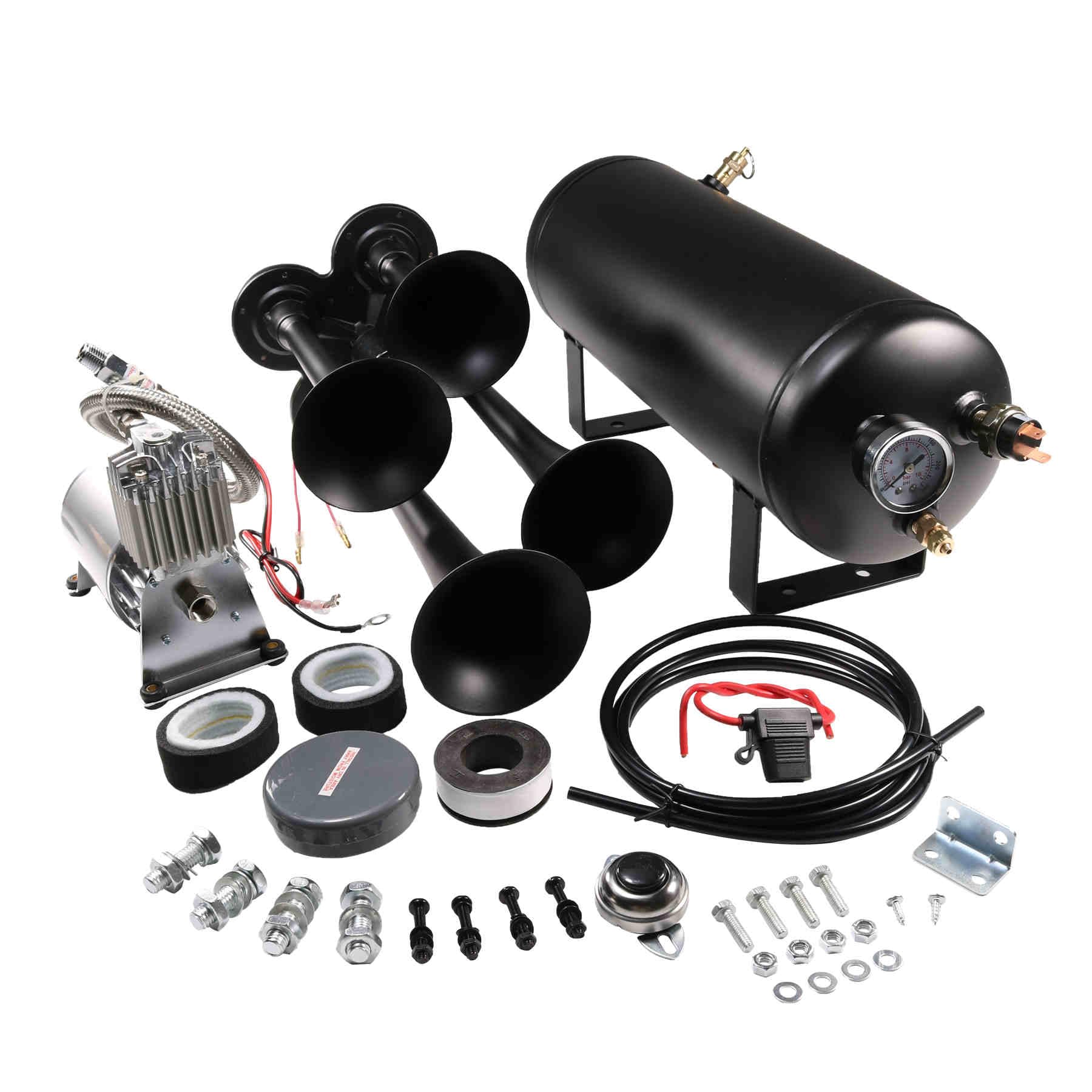 12V 4 Trumpets Train Horn Kit 150psi Complete Onboard System 150psi Air Compressor 1.5 Gallon Air Tank 4 Trumpets Fits Any Vehic
