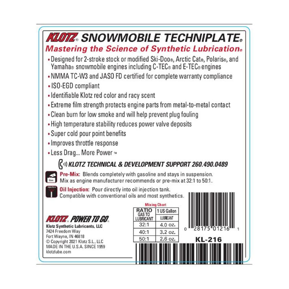 Klotz Oil KL-216 Synthetic Snowmobile Techniplate TC-W3-1gal