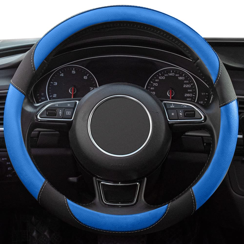Xizopucy Black And Blue Microfiber Leather Steering Wheel Cover,Universal 15 Inch Steering Wheel Covers For Car Truck Suv,Breath