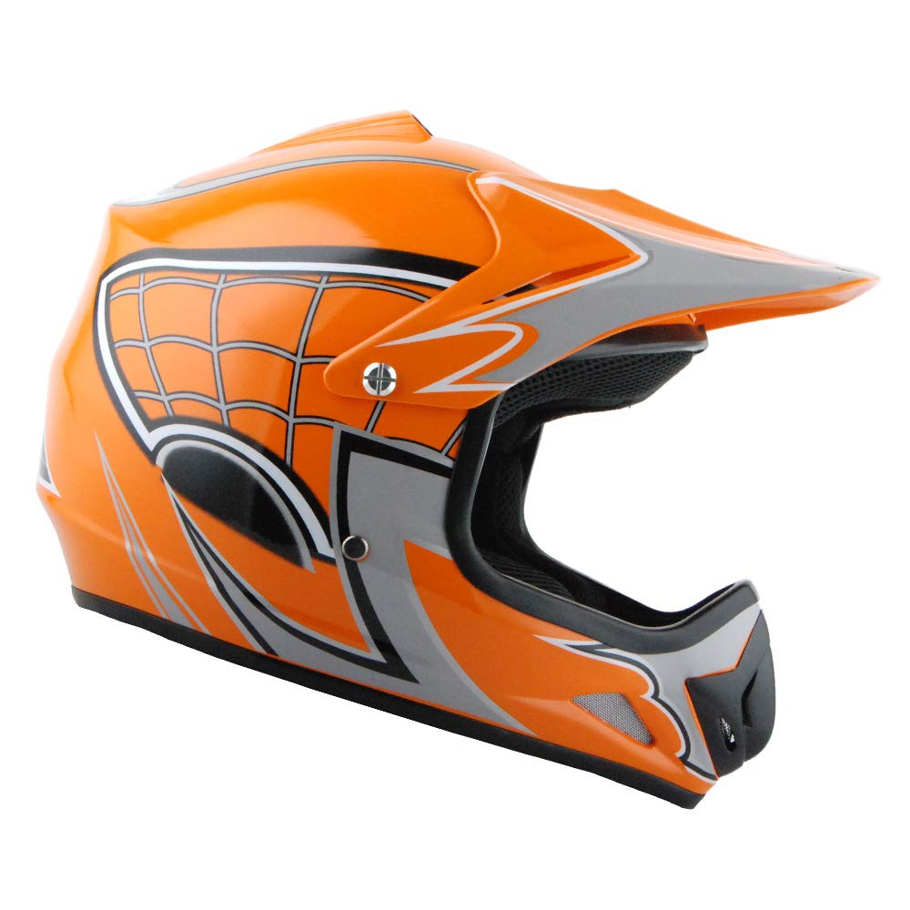Wow Youth Motocross Helmet Bmx Mx Atv Dirt Bike Helmet Spider Web Orange + Goggles + Martian Skull Orange Glove Bundle