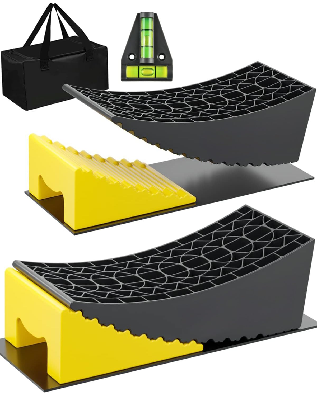 RV Leveling Blocks Ramp Kit, 2 Packs Camper Leveler System for Travel with Two Chocks, 2 Anti-Slip Mats, 1T Bubble Level and Car