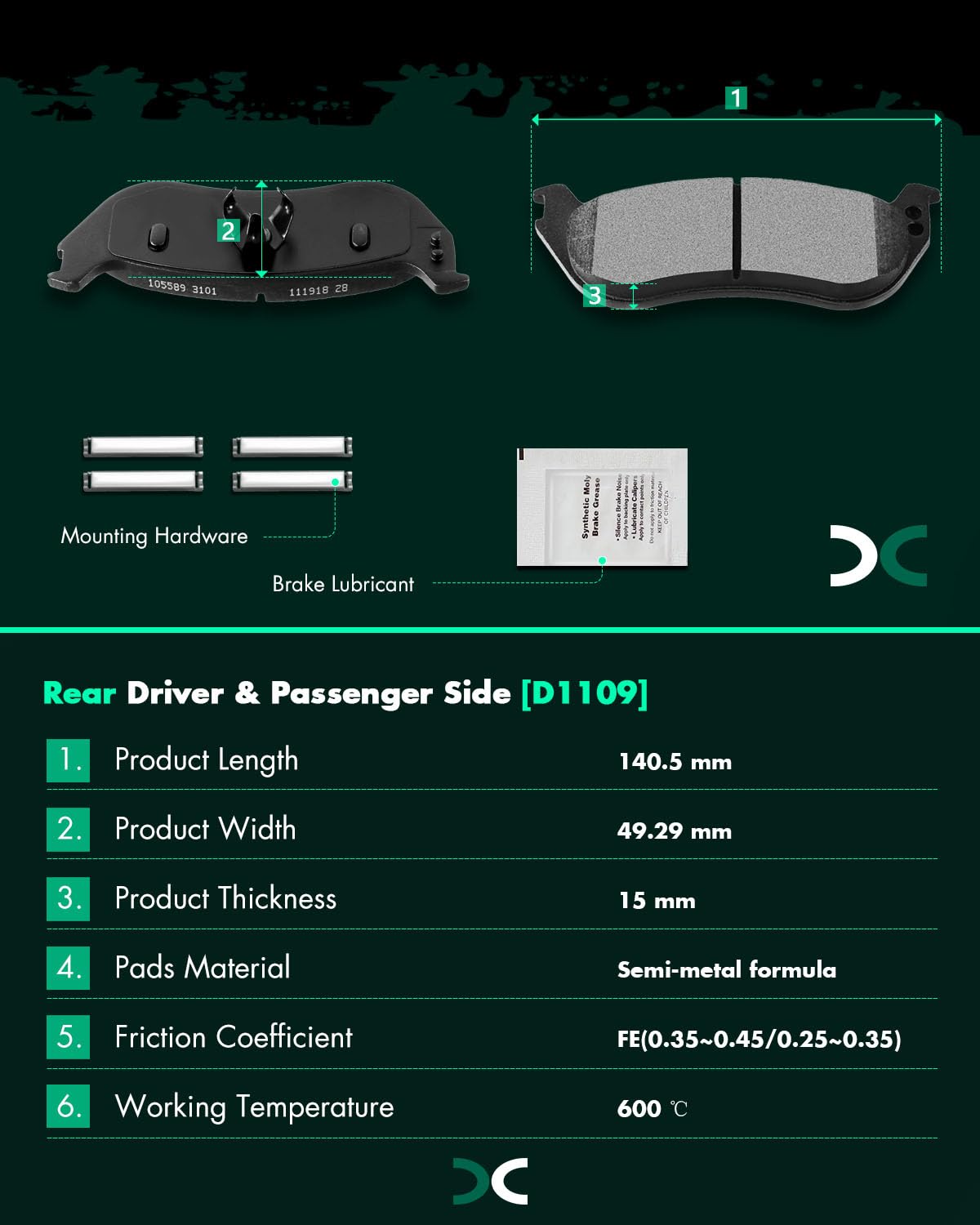 Scitoo D1109 Rear Semi-Metal Brake Pads Sets Fit For Ford For Explorer 2002-2005,For Mercury Mountaineer 2002-2005