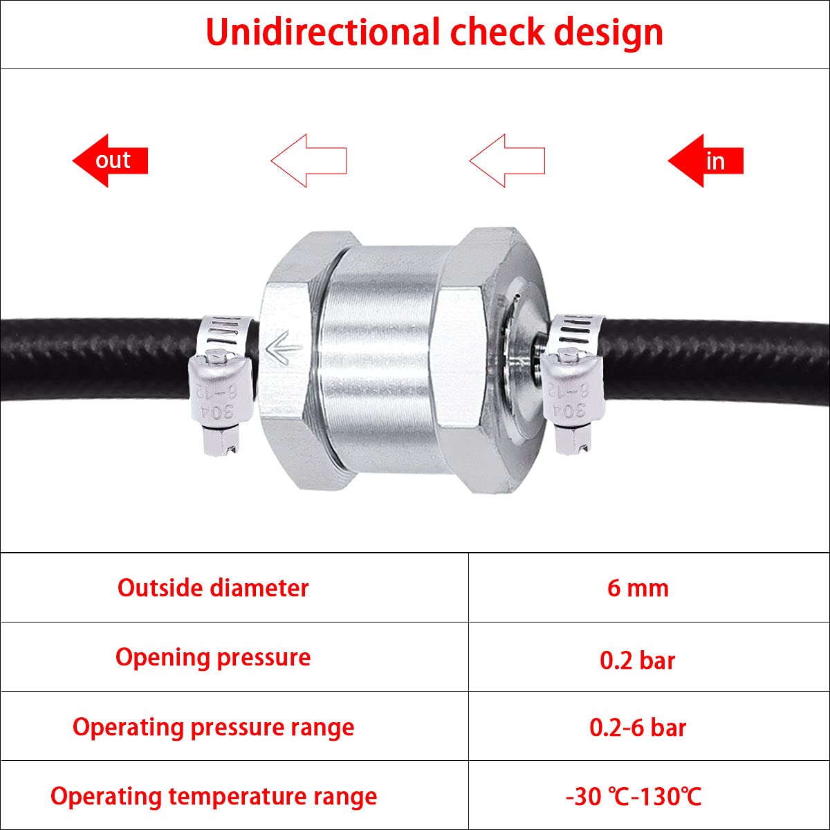 Mxuteuk 2Pcs 1/4 '' 6Mm Aluminium Silver Non Return One Way Check Valve With 4Pcs 6-12Mm Universal Adjustable Hose Clamps For Fu