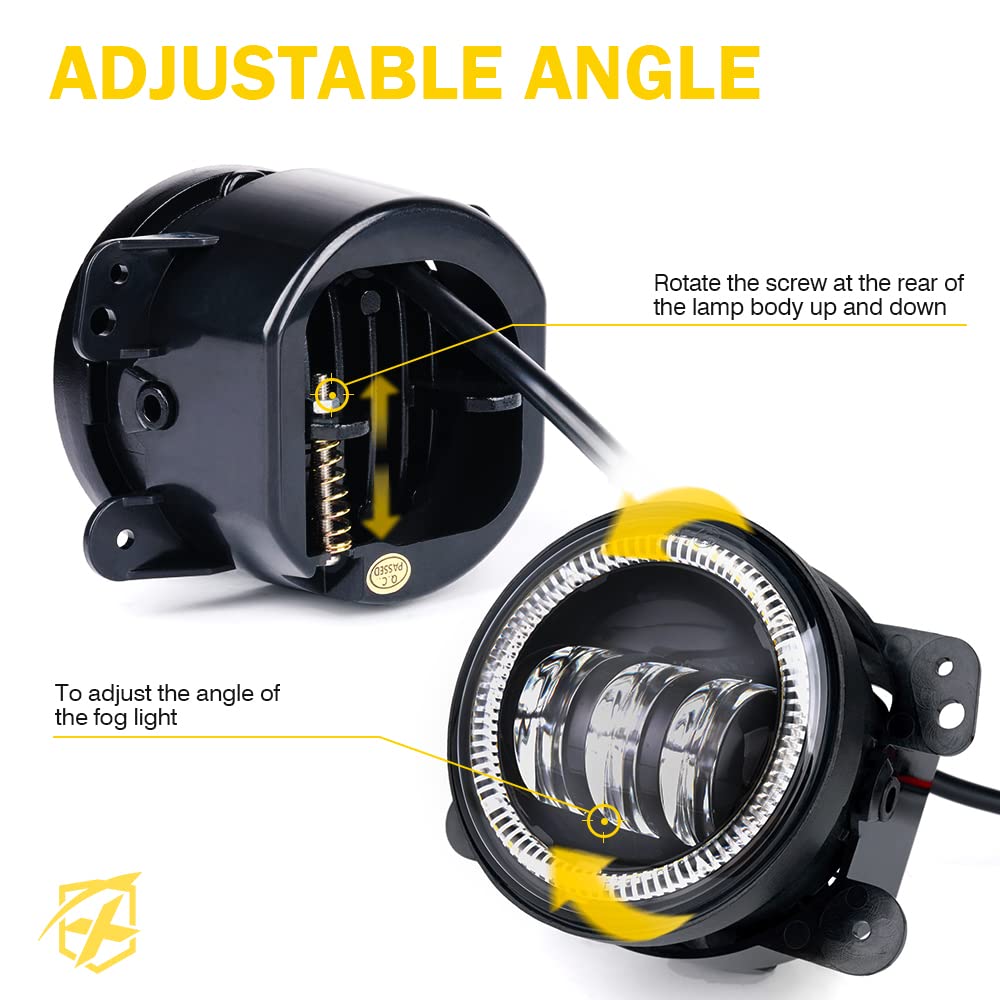 Xprite 4-Inch Led Fog Lights With White Halo Ring Angle Eye Drl, 60W Super Bright Front Bumper Fog Lamps Plug N Play Replacement