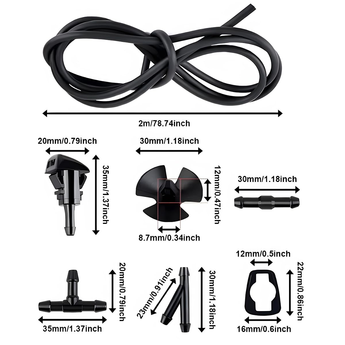 Auceli Windshield Washer Hose Kit, 3 Pcs Hose Connectors, 4 Fan Nozzles, 2M Washer Fluid Hose, 4 Rubber Gaskets, Connect Car Wat