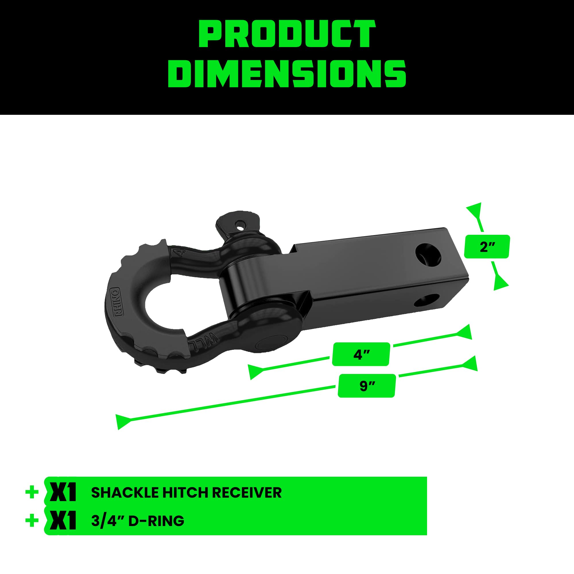 Rhino Usa Shackle Hitch Receiver (Fits 2 Receivers) Best Towing Accessories For Trucks, Jeep, Toyota & More - Connect Your Rhino Tow Strap For Vehicle Recovery, Mounts To 2 Receiver Hitches