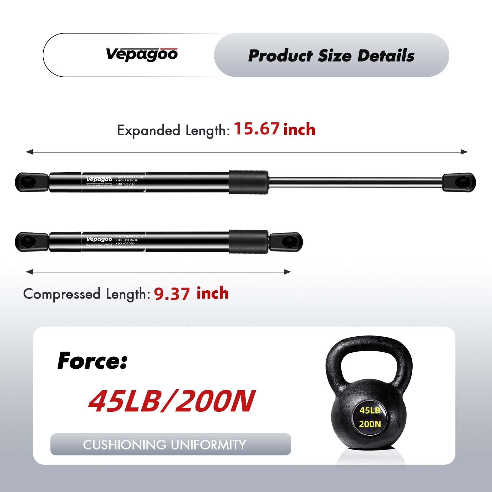 Vepagoo C16-22331 Gas Struts 16 Inch 45Lb, C16-33310 15.7 Inch Shocks Spring Lift Supports For Camper Shell Window Truck Cap Can