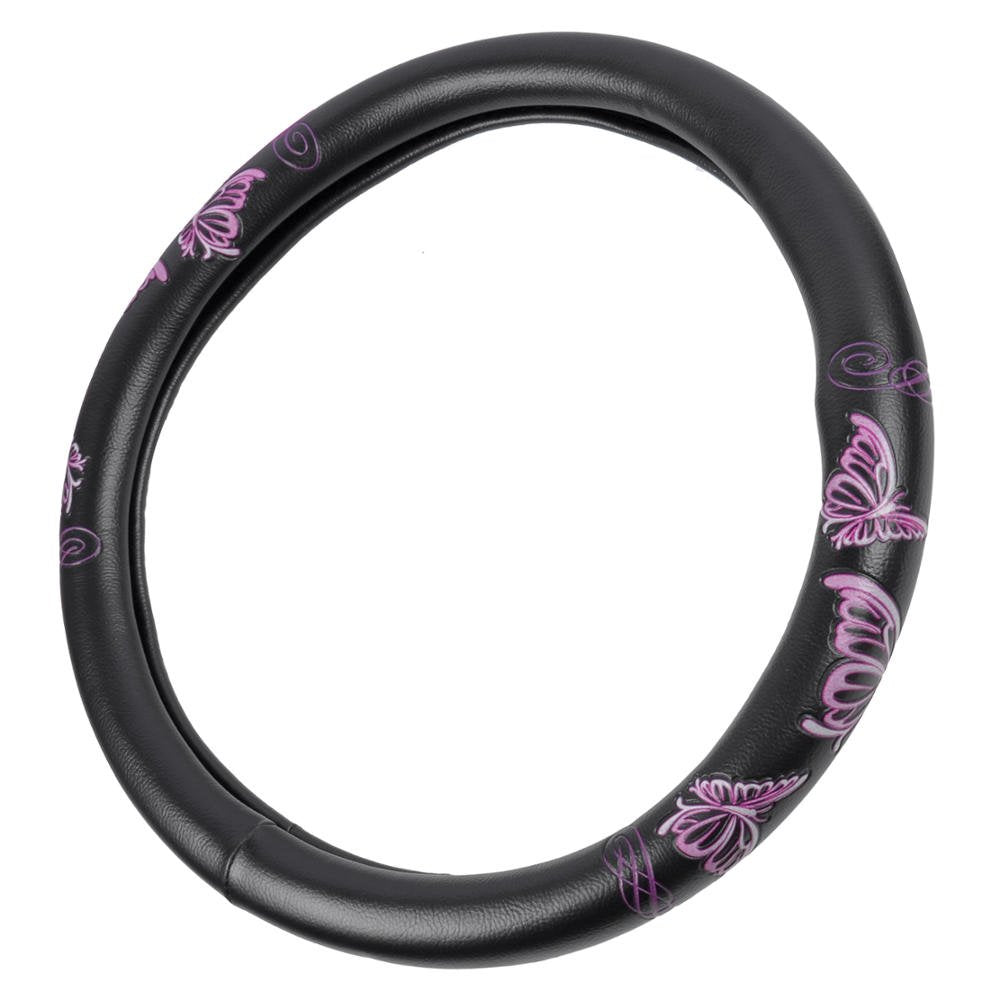 BDK SW-509-PP Universal Fit Purple Butterflies Design Comfort Grip Steering Wheel Cover for Car SUV Van & Truck - 15 Inch Standa