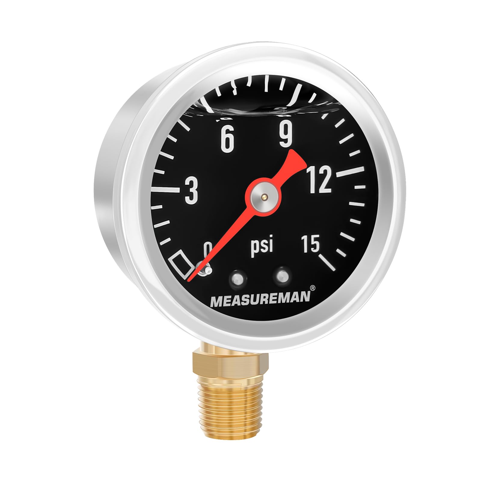 Measureman 1-1/2'' Dial Size Black Dial, Glycerin Filled Fuel Pressure Gauge, 304 Stainless Steel Case, 0-15Psi, -3-2-3%, 1/8''