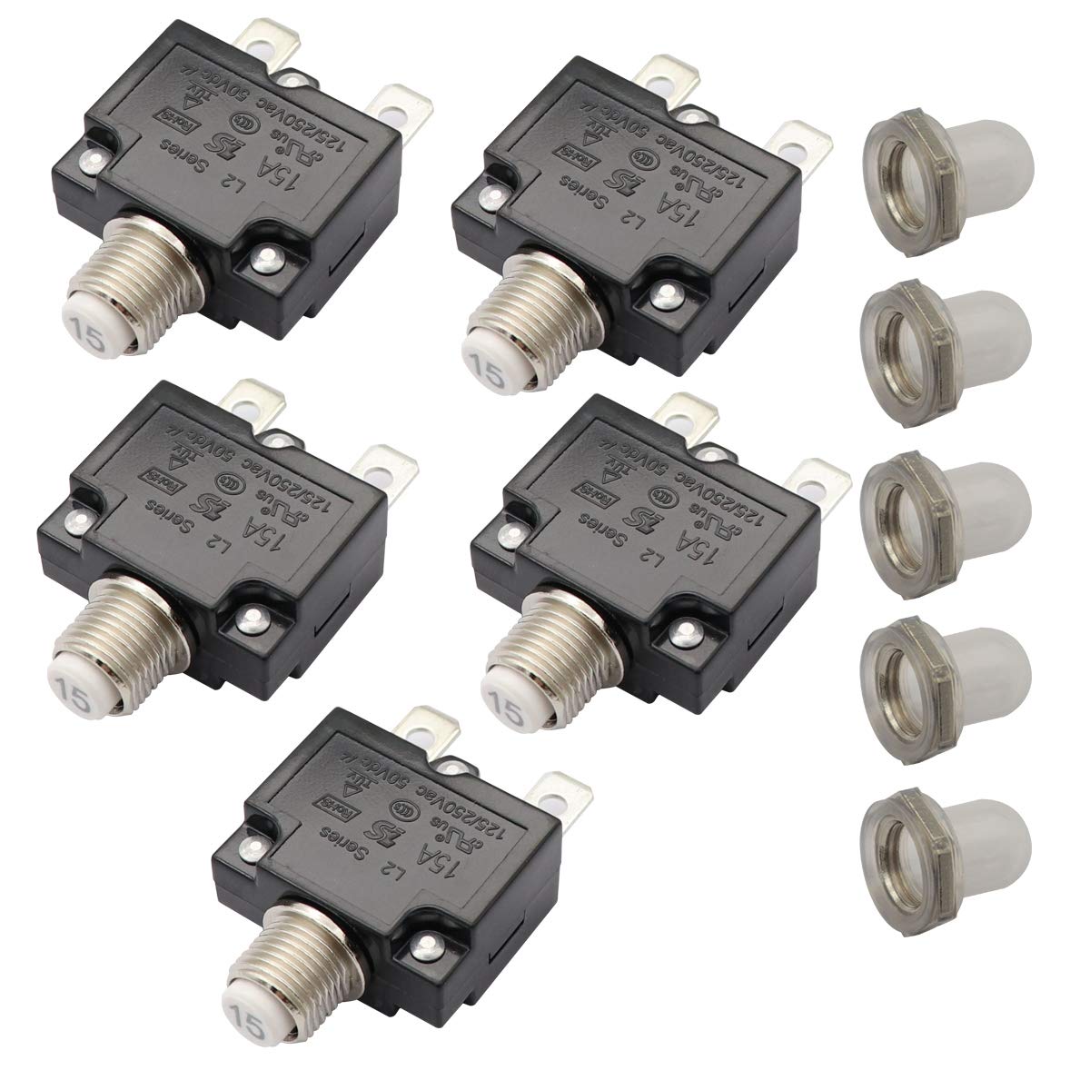 T Tocas 5pcs Push Button Reset 15A Circuit Breakers with Quick Connect Terminals and Waterproof Button Cap