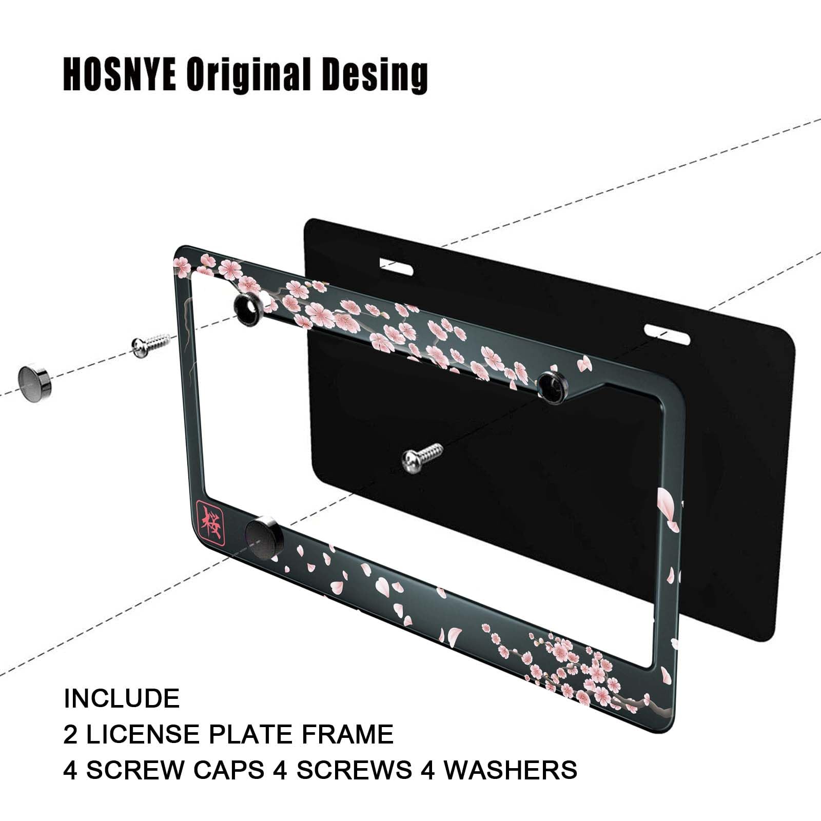 HOSNYE Japan Cherry Branch License Plate Frame Black 2 Pcs Flowers Hieroglyph Sakura Metal Cute Licenses Plates Frames Licenses