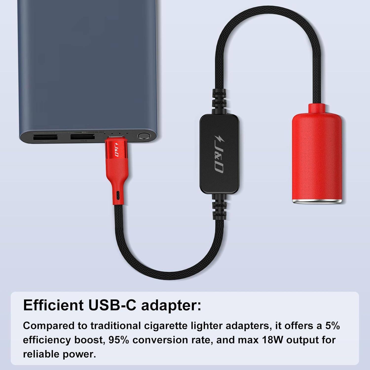 J&D USB C Male to 12V Car Cigarette Lighter Socket Converter Cable, 5 ft, Red, Model JD000779, 18W for Dash Cam & LED Light Strips