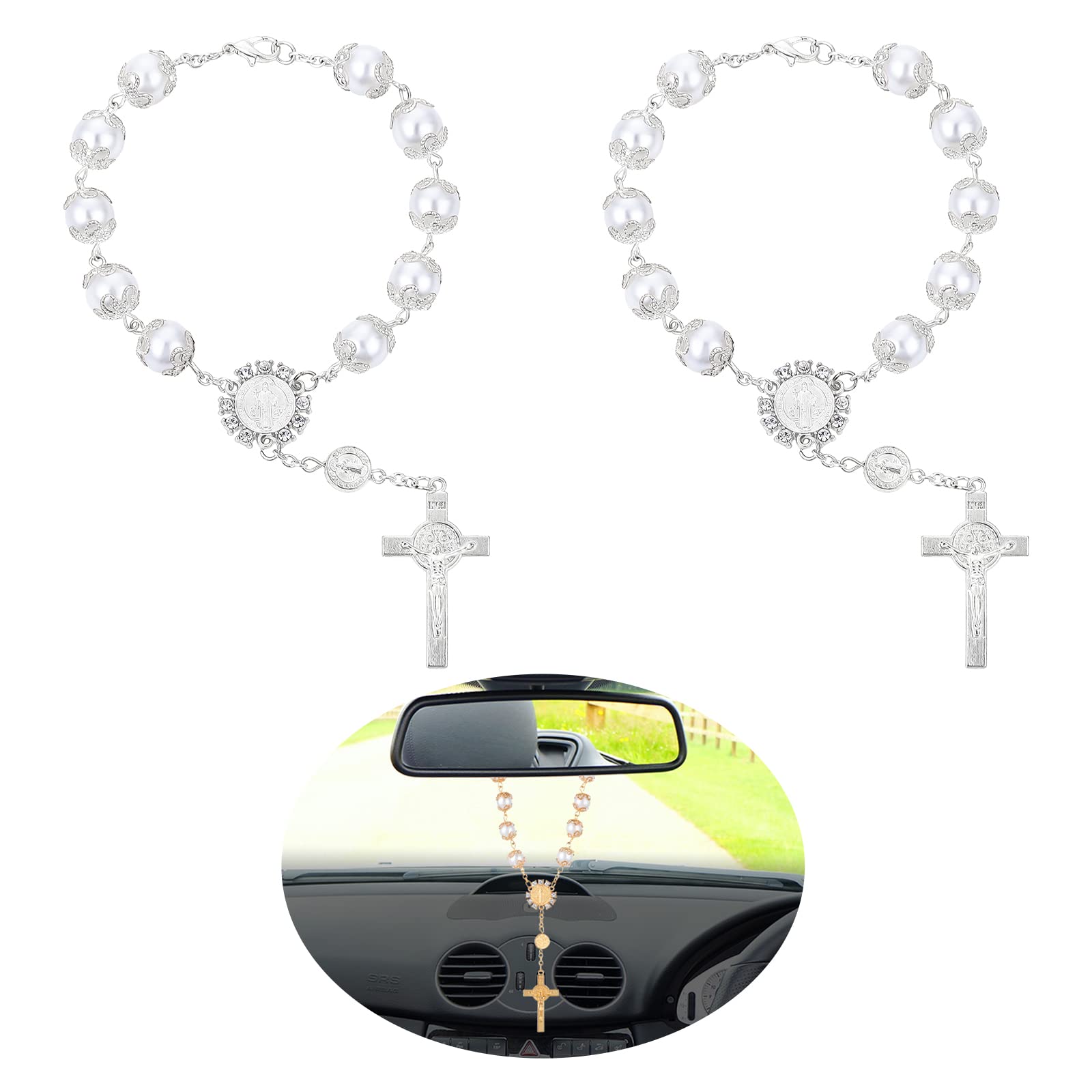 Cobee Car Rosary For Rearview Mirror, 2 Pieces Car Mirror Hanging Cross Auto Rosary Rear View Mirror Pendant Car Hanging Accesso