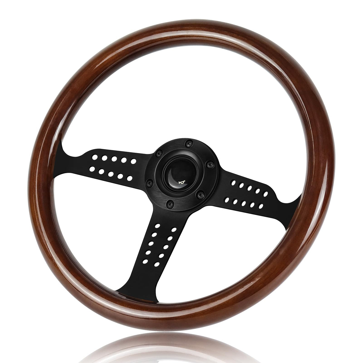 QYMOPAY 14 Inch Wooden Racing Steering Wheel, Universal 6 Hole Bolt Steering Wheel with Horn Buttons Multi-Hole Black Spoke Stee