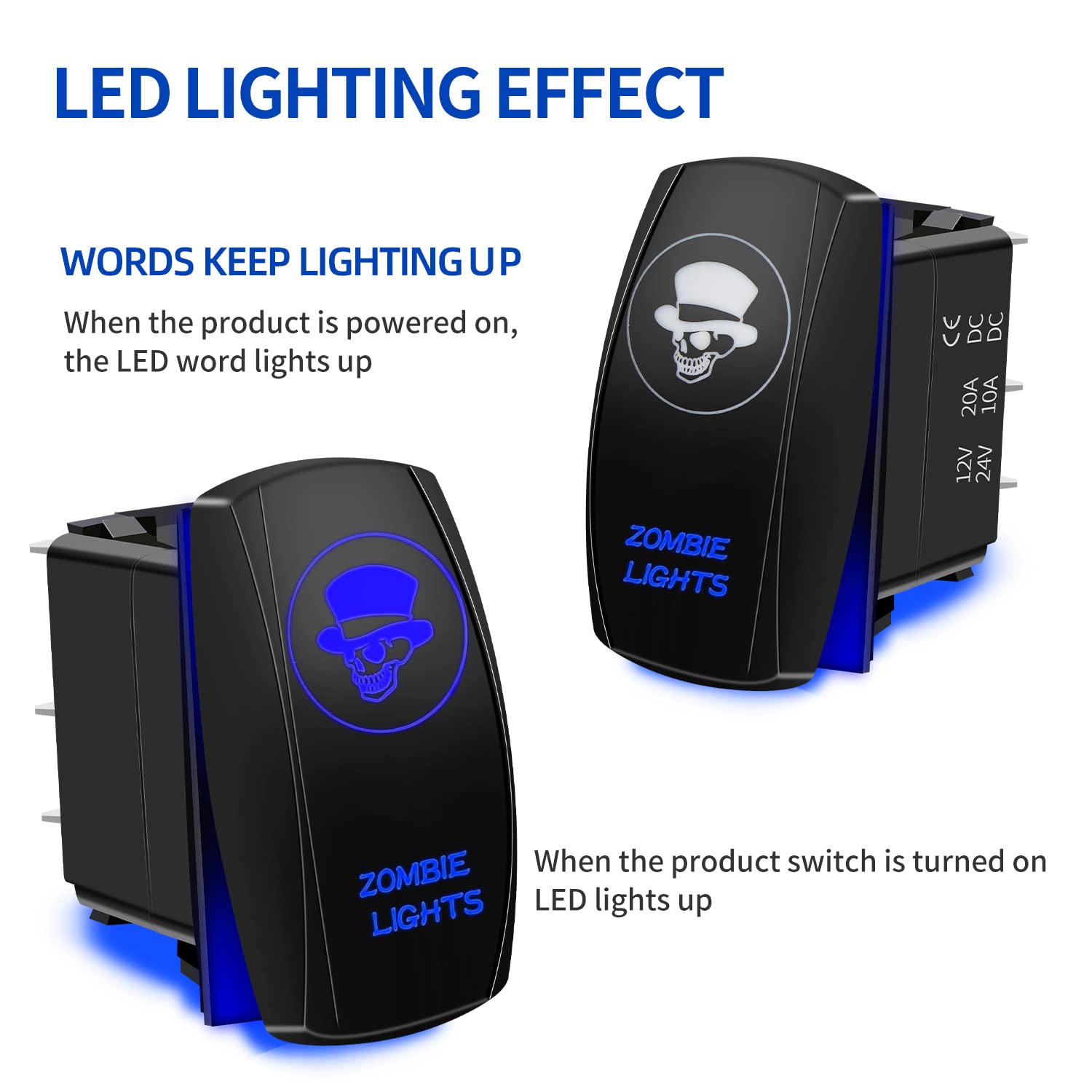 Fabood F Waterproof 5 Pin Zombie Lights Rocker Switch Laser Spst On/Off Two Led Backlit Blue Light 20A 12V For Auto Automotive M