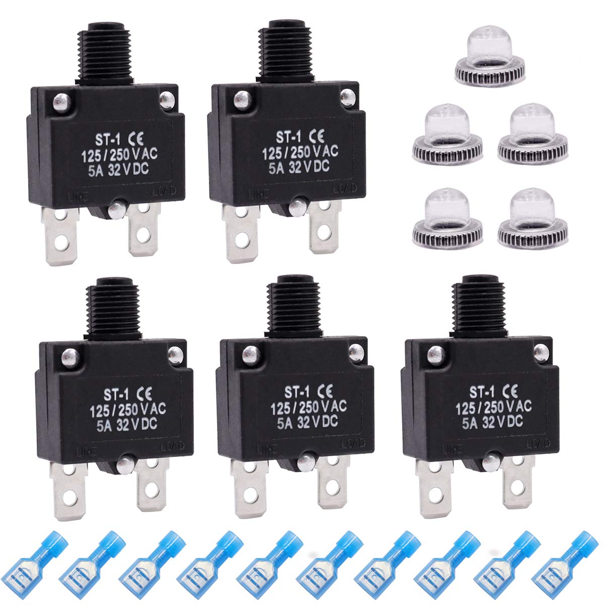 mxuteuk 5Pcs 5Amp Circuit Breakers Push Button Manual Reset 125/250V AC 32V DC,Overload Protector Switch Thermal Circuit Breaker