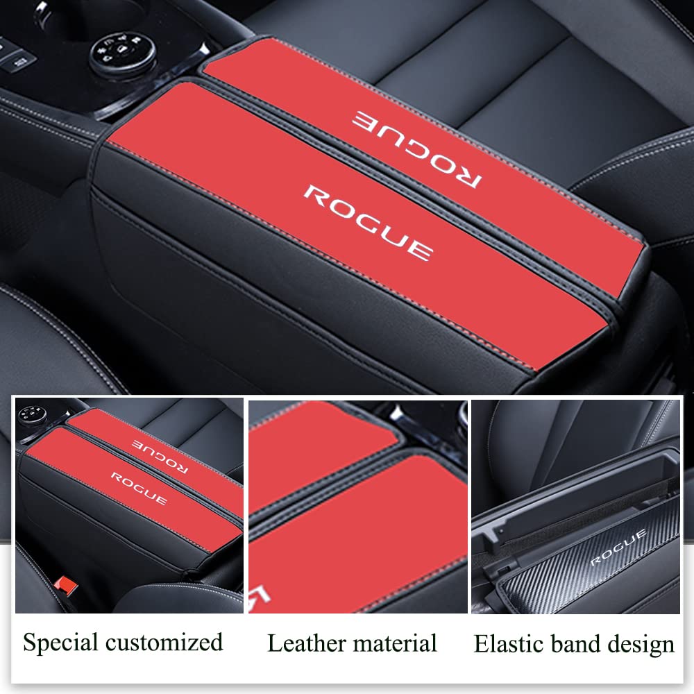 Xiter 1Pc Leather Center Console Armrest Cover With Side Pockets For Nissan Rogue 2021 2022 2023 2024 2025 Accessories(Black+Red