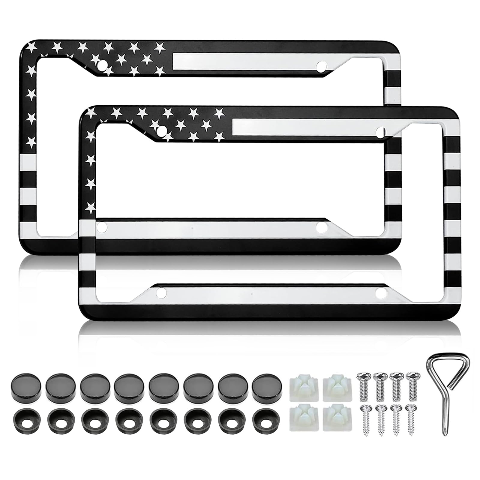 LIN KANG Black American Flag License Plate Frame - 2 PCS Patriotic US Flag Aluminum Metal License Plate Frames Holder Covers, Ru
